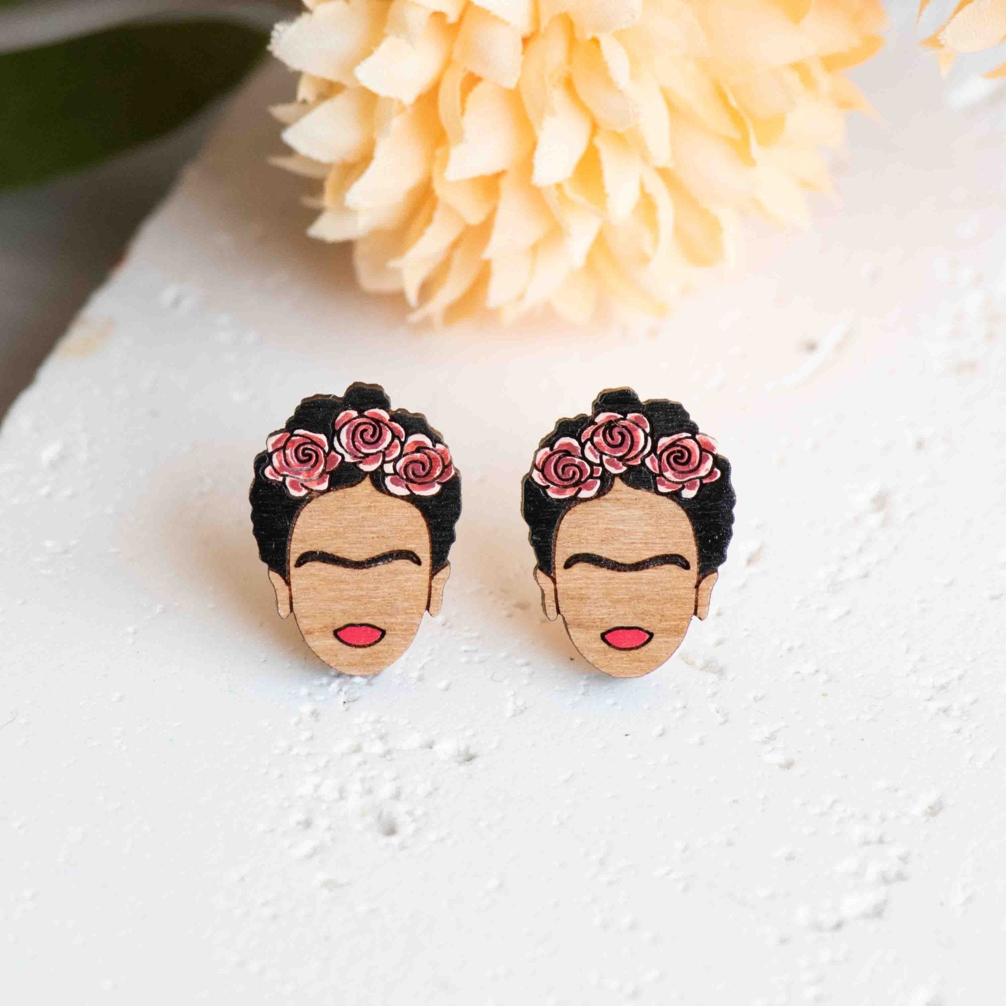 Hand - painted Frida Portrait Wooden Stud Earrings - PEA16060 - Robin Valley Official Store