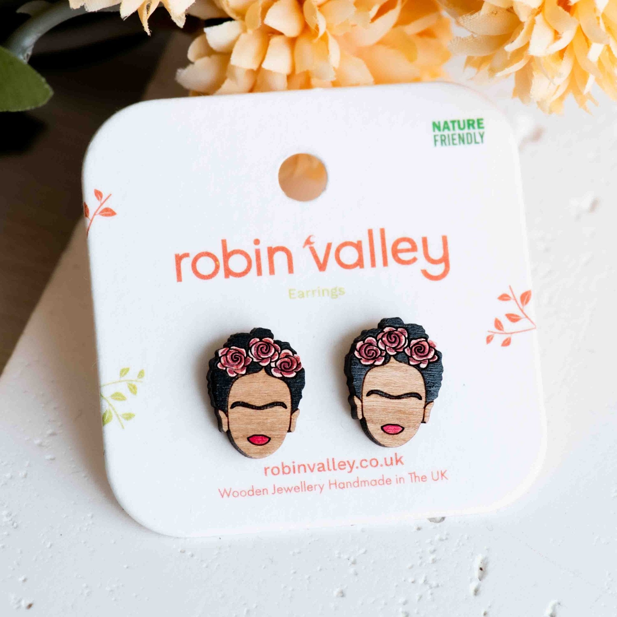 Hand - painted Frida Portrait Wooden Stud Earrings - PEA16060 - Robin Valley Official Store