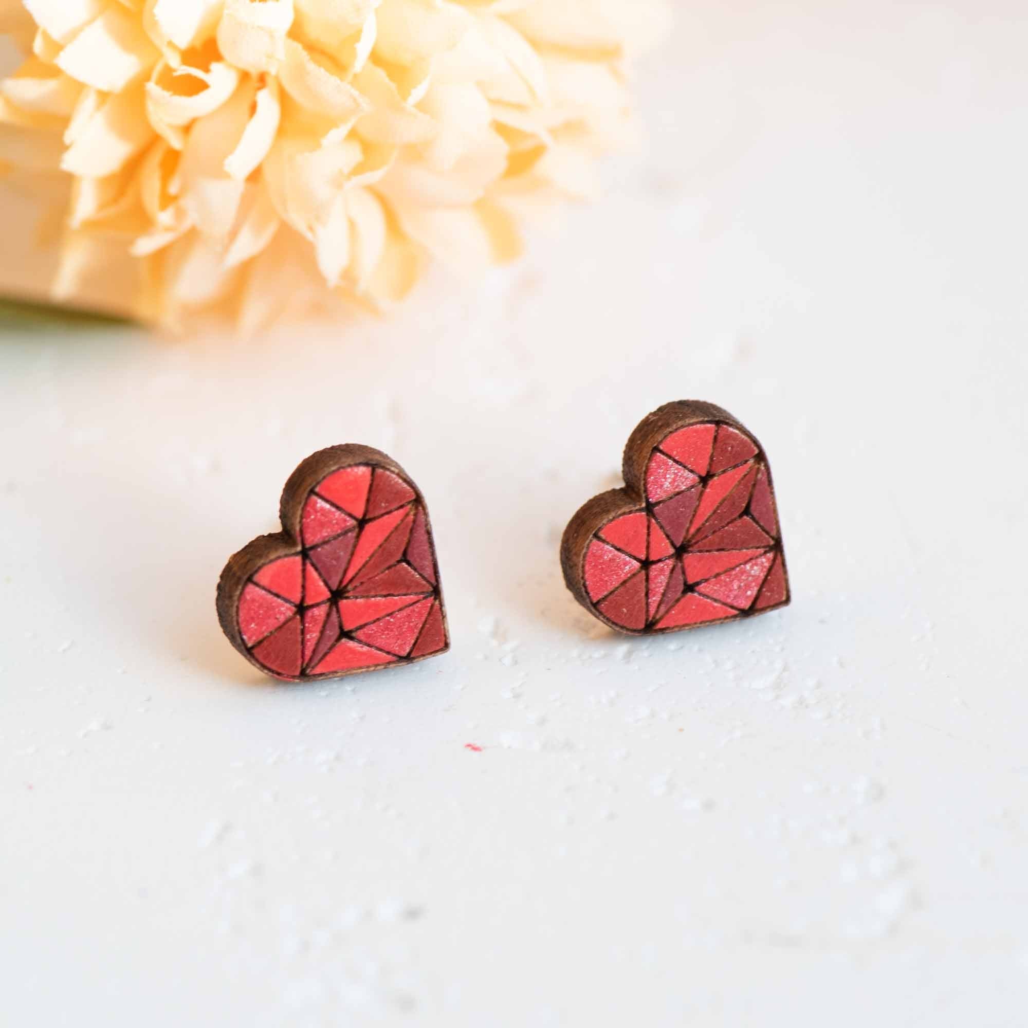 Hand - painted Geometric Heart Wooden Stud Earrings - PET15234 - Robin Valley Official Store
