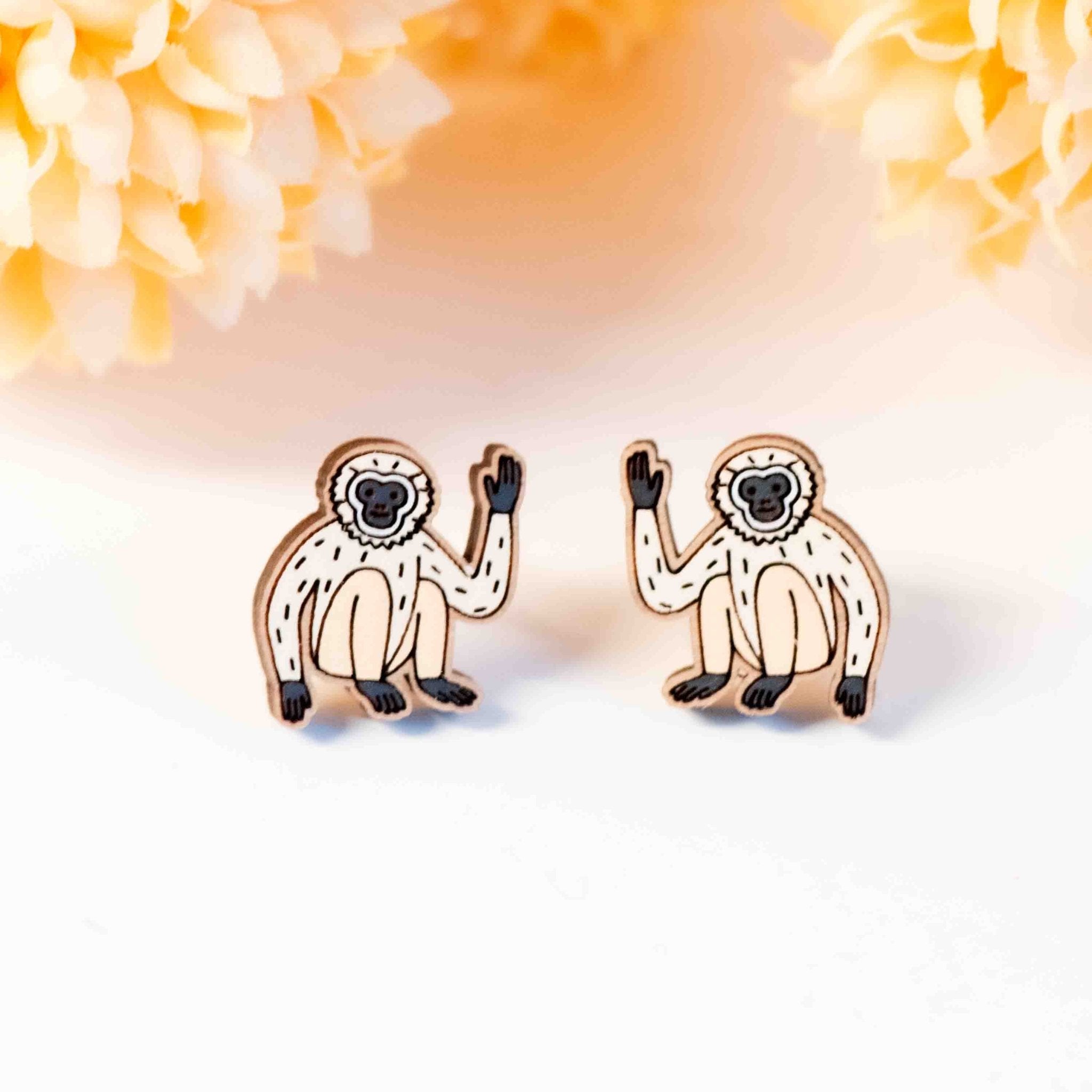 Hand - painted Gibbon Wooden Stud Earrings - PEL10476 - Robin Valley Official Store