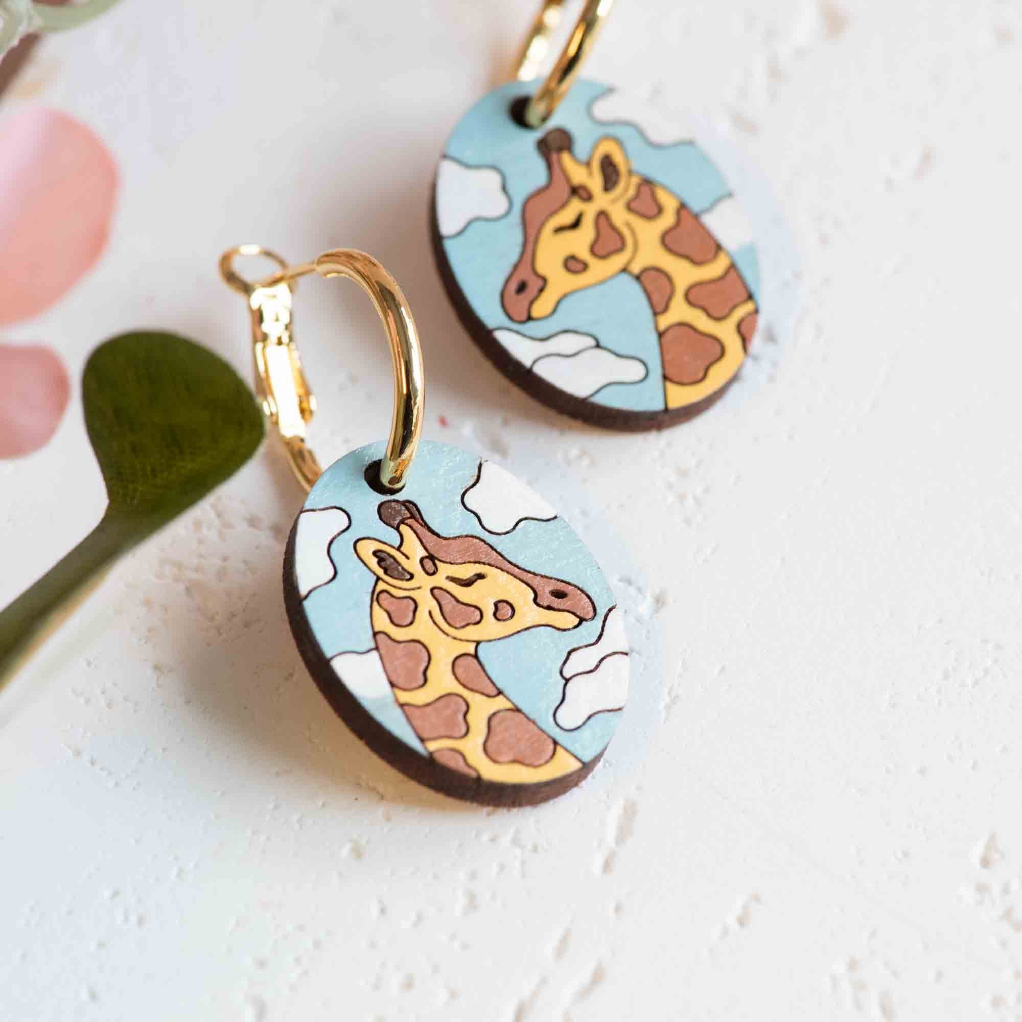 Hand - Painted Giraffe in the Clouds Wooden Hoop Earrings - PEL10379H - Robin Valley Official Store