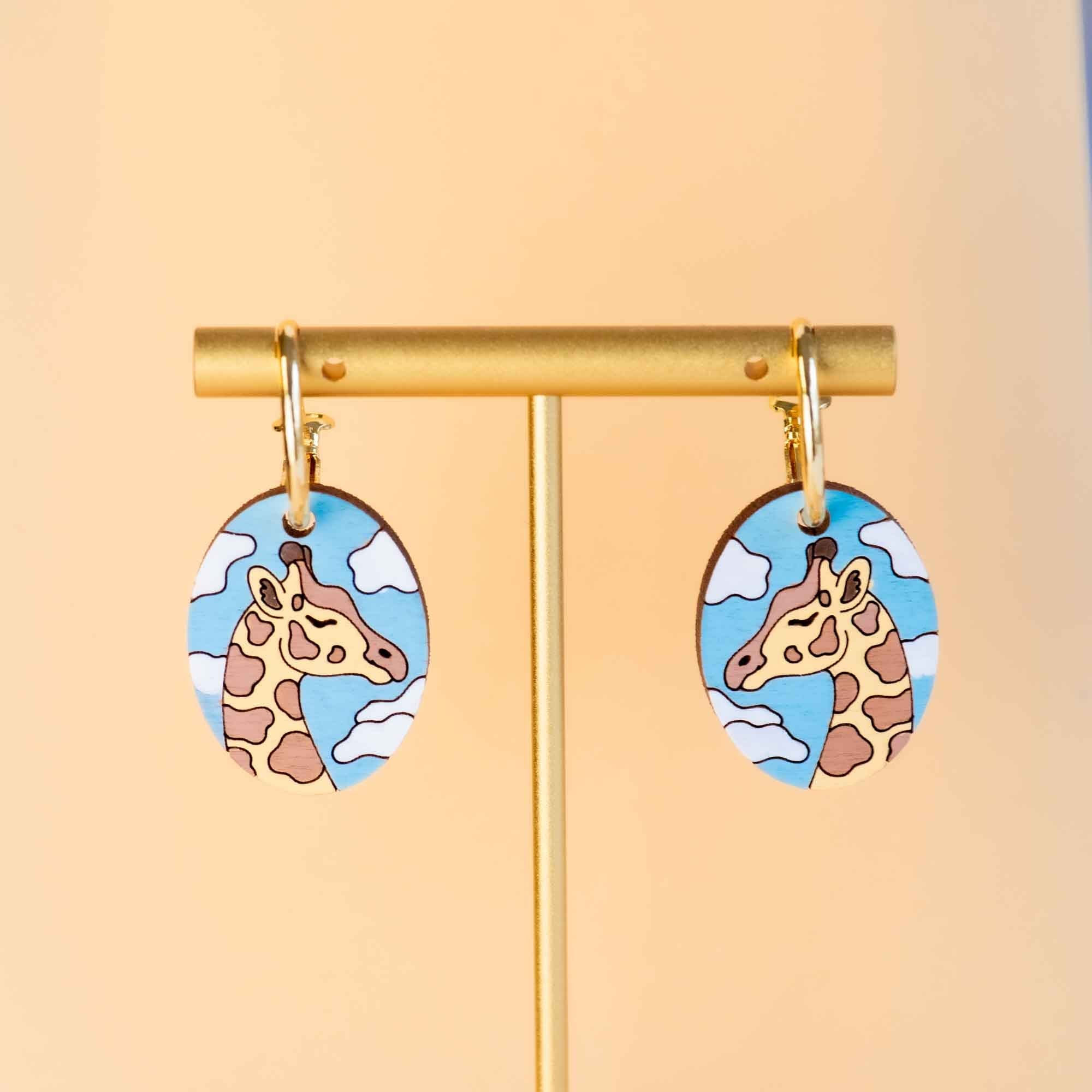 Hand - Painted Giraffe in the Clouds Wooden Hoop Earrings - PEL10379H - Robin Valley Official Store