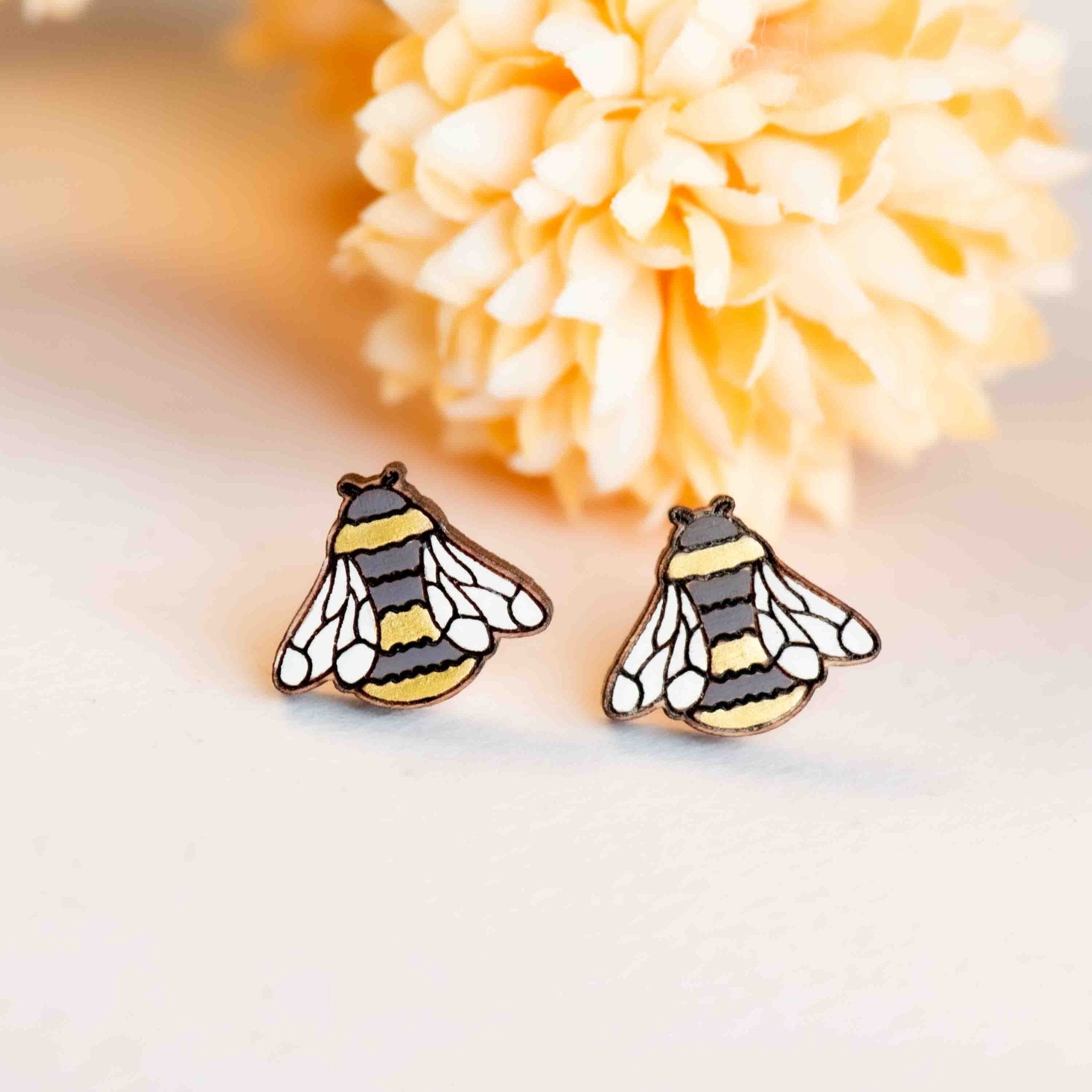 Hand - painted Golden Bee Wooden Stud Earrings - PEO14251 - Robin Valley Official Store