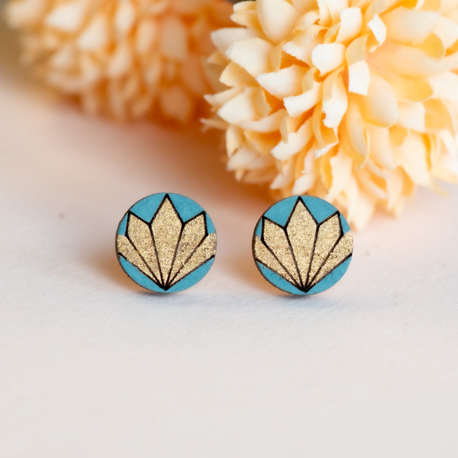 Hand - painted Golden Geometric Lotus Wooden Earrings - PEO14278 - Robin Valley Official Store
