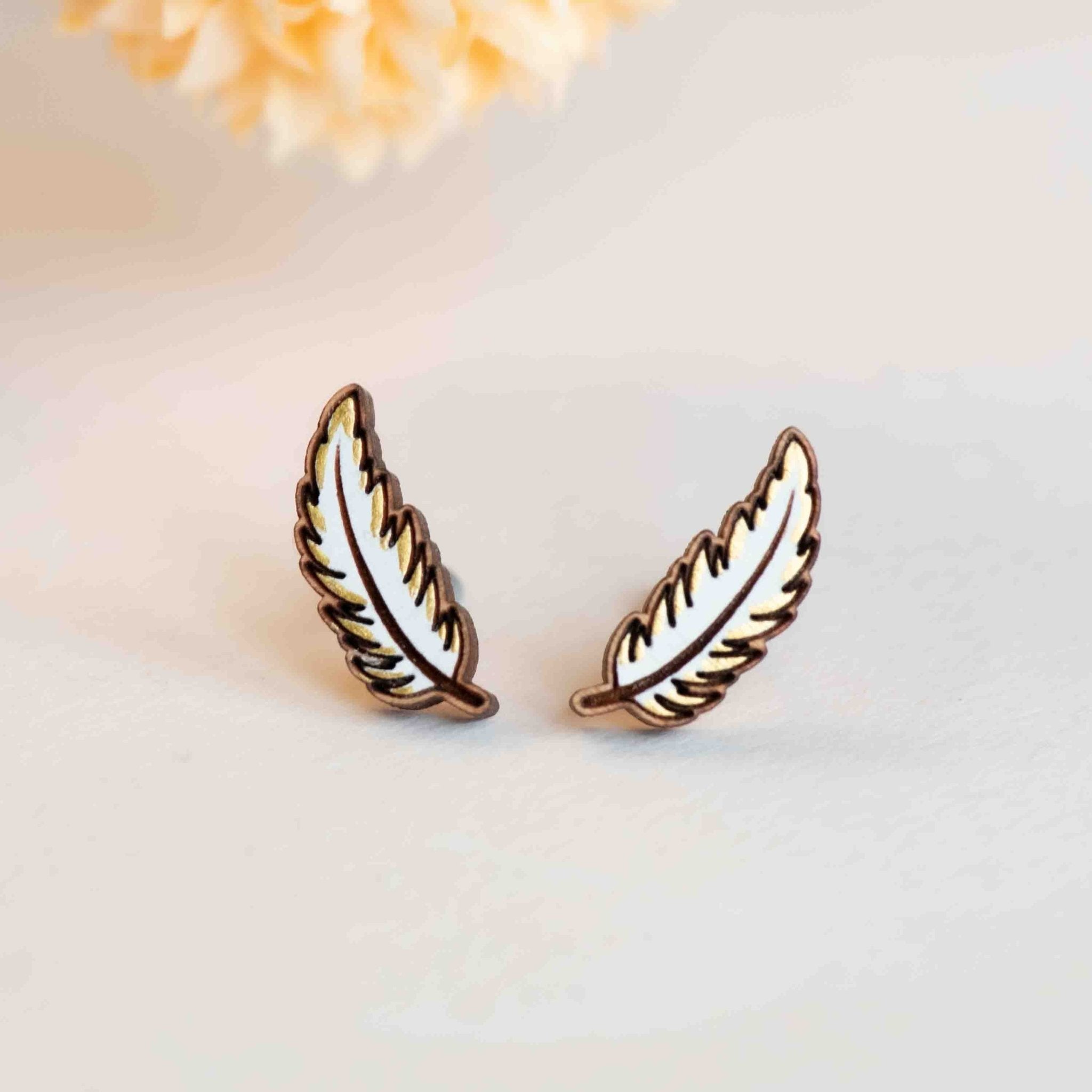 Hand - painted Golden White Feather Earrings Wooden Jewellery - PET15438 - Robin Valley Official Store