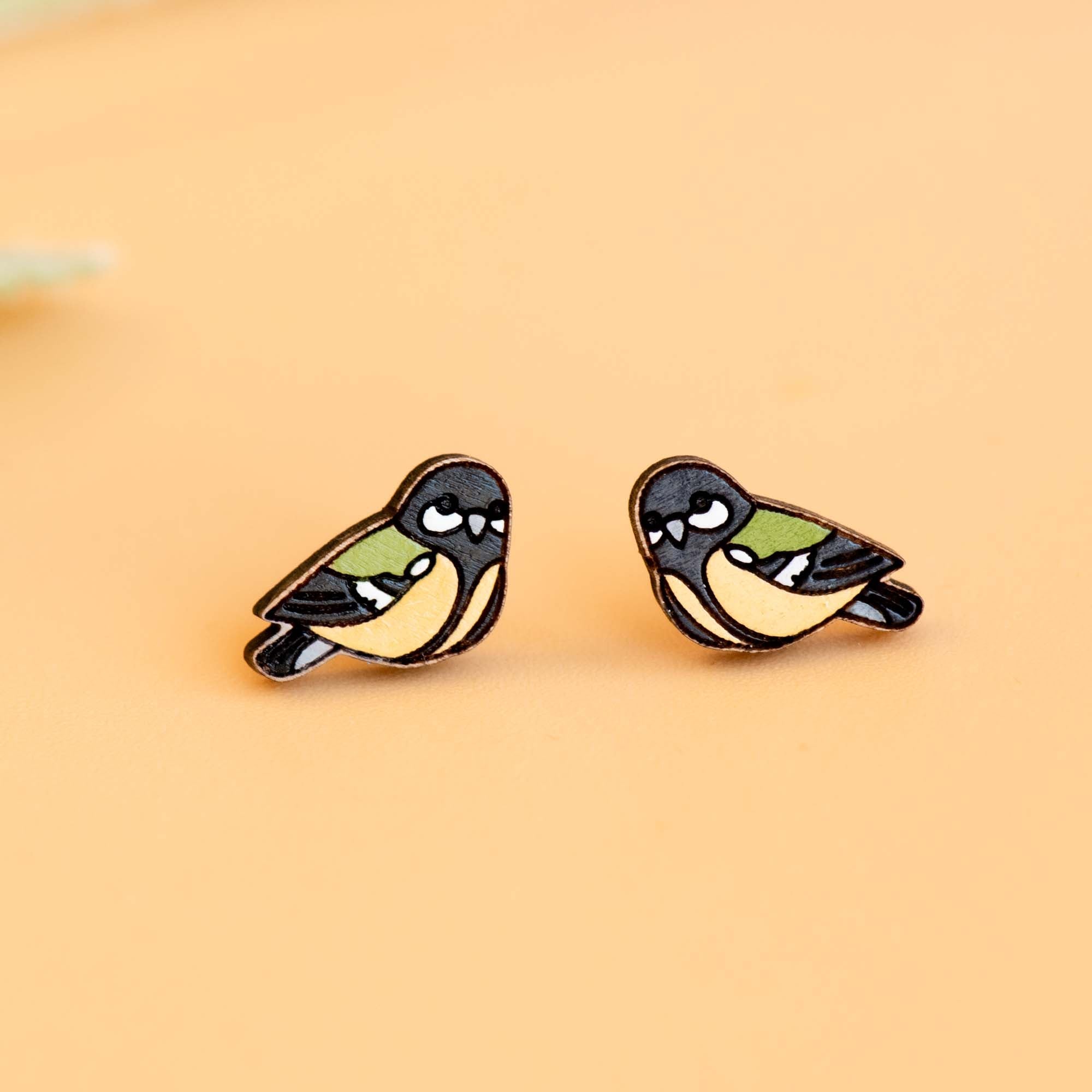 Hand - painted Great Tit Wooden Stud Earrings - PEB12067 - Robin Valley Official Store