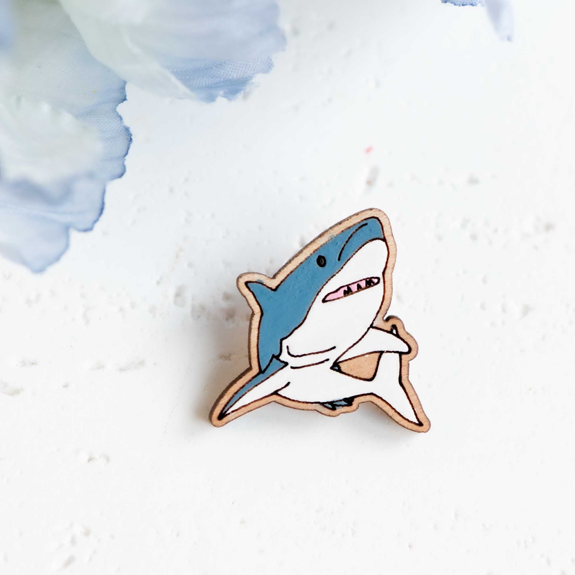 Hand - painted Great White Shark Wooden Pin Badge - PS43060 - Robin Valley Official Store