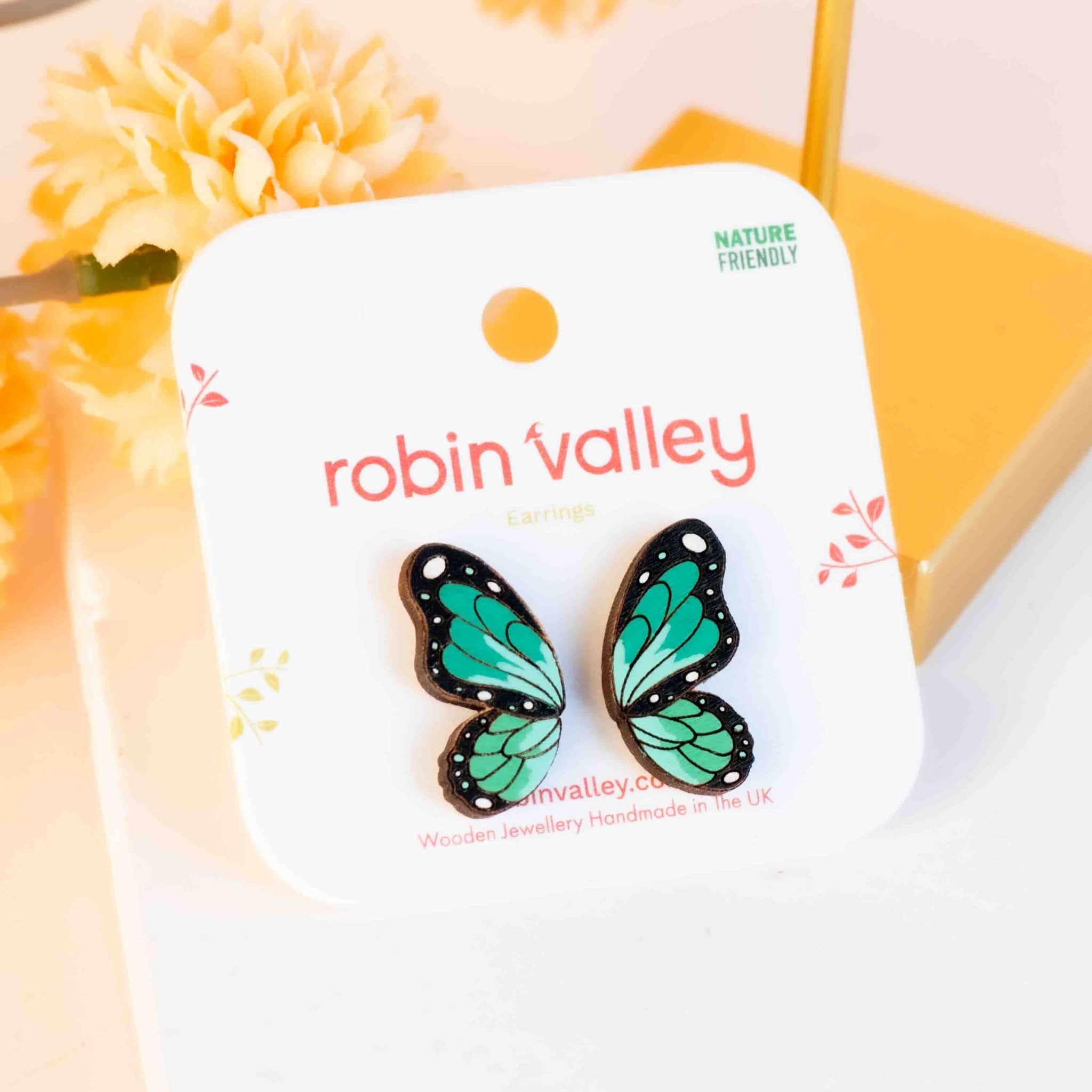 Hand - painted Green Butterfly Wings Wooden Stud Earrings - PEO14226 - Robin Valley Official Store