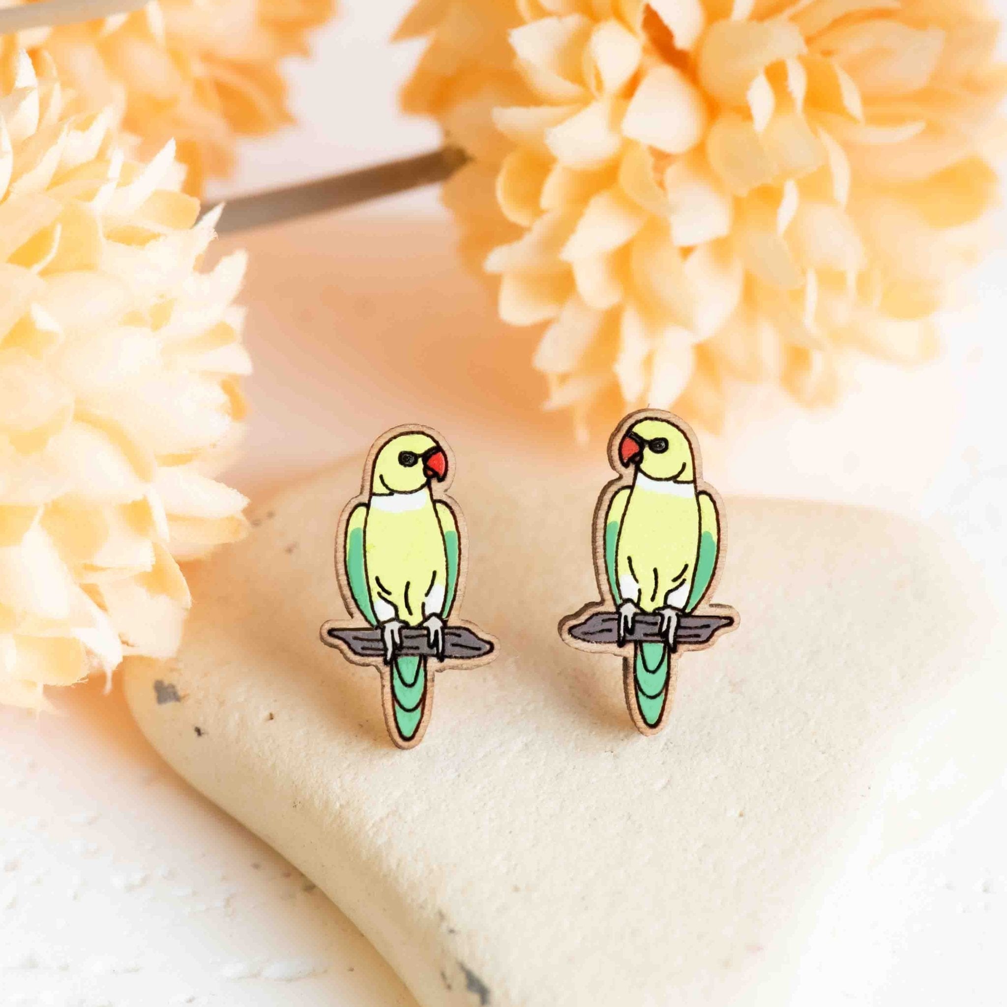 Hand - painted Green Ring - necked Parrot Wooden Earrings - PEL10408 - Robin Valley Official Store