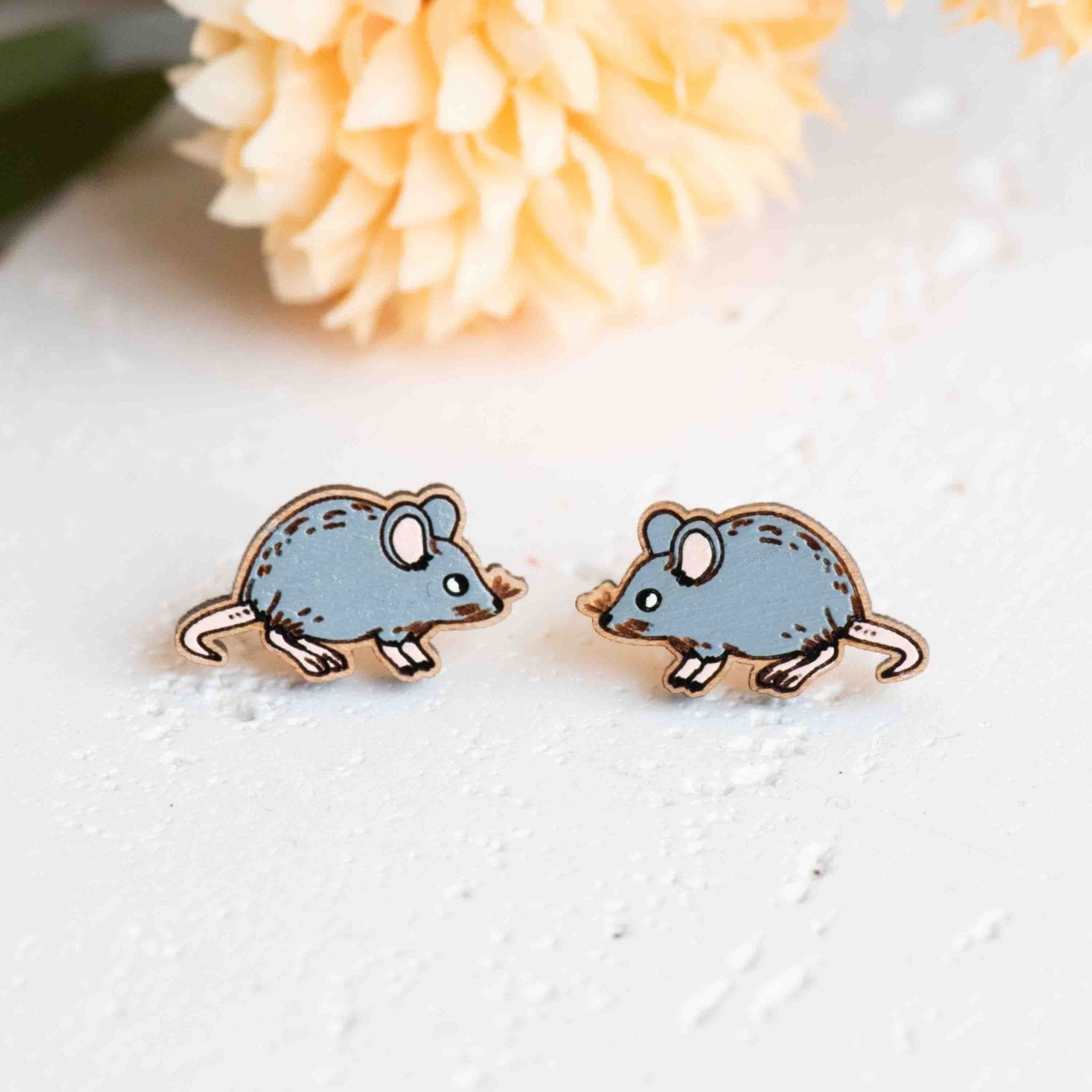 Hand - painted Grey Mouse Wooden Stud Earrings - PEL10447 - Robin Valley Official Store
