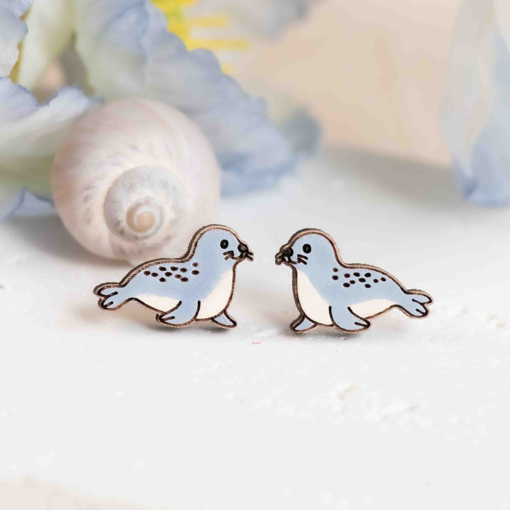 Hand - painted Grey Seal Wooden Stud Earrings - PES13135 - Robin Valley Official Store