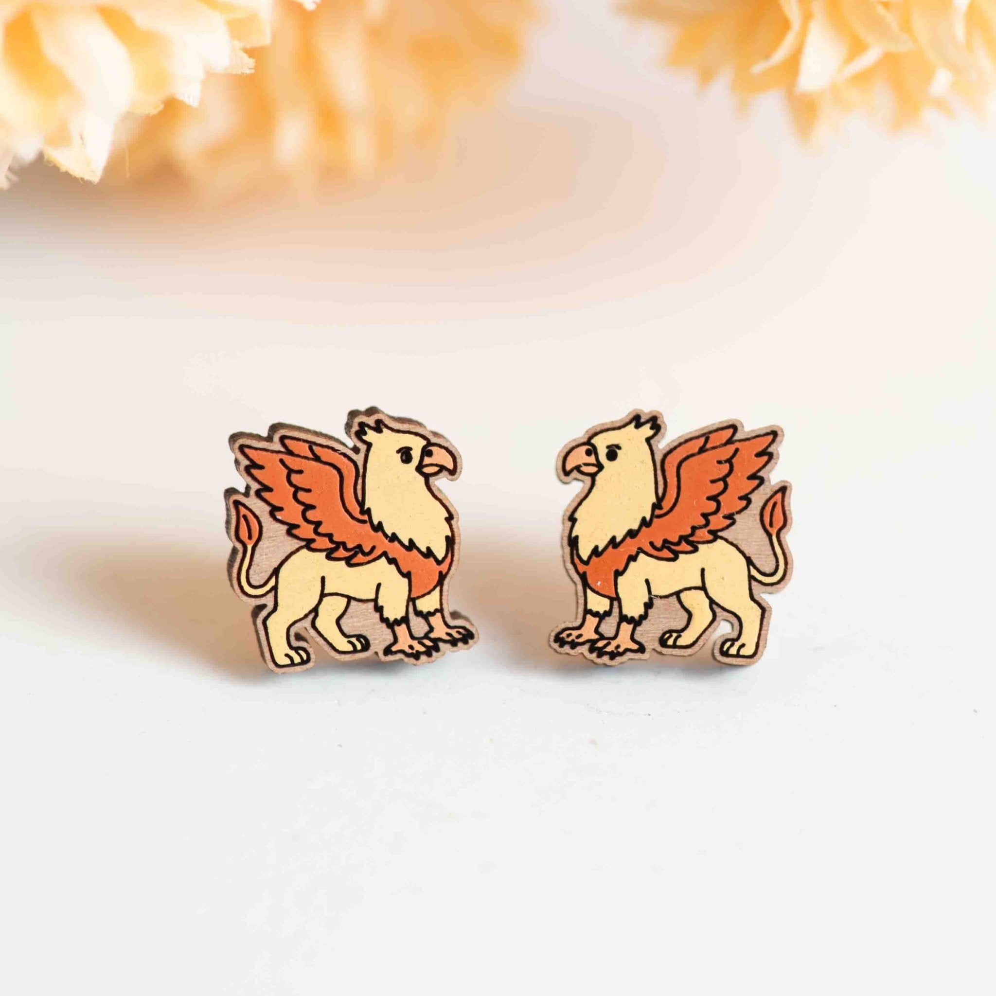 Hand - painted Griffin Wooden Stud Earrings - PEO14263 - Robin Valley Official Store