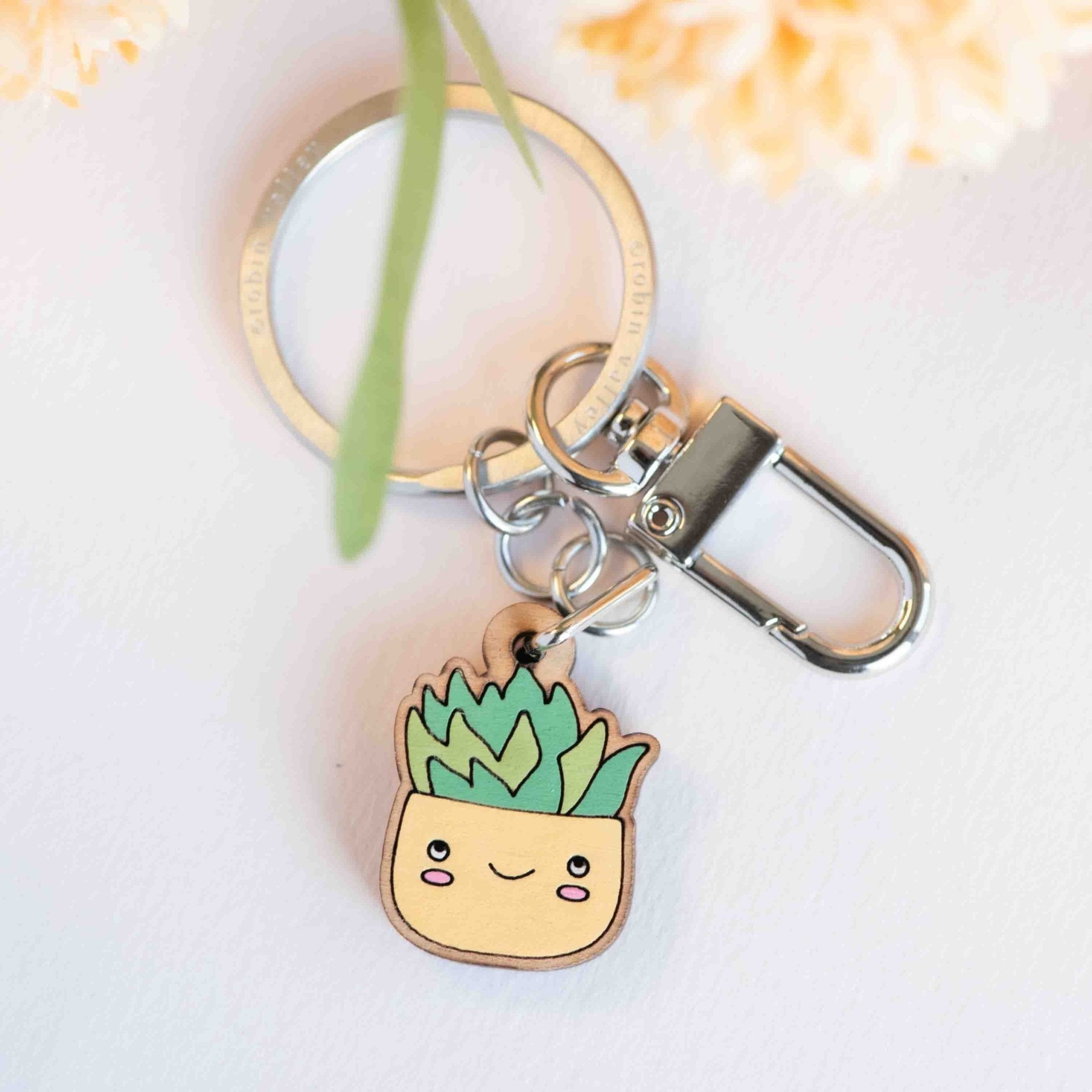 Hand - painted Happy Aloe Wooden Keyring - KO24129 - Robin Valley Official Store