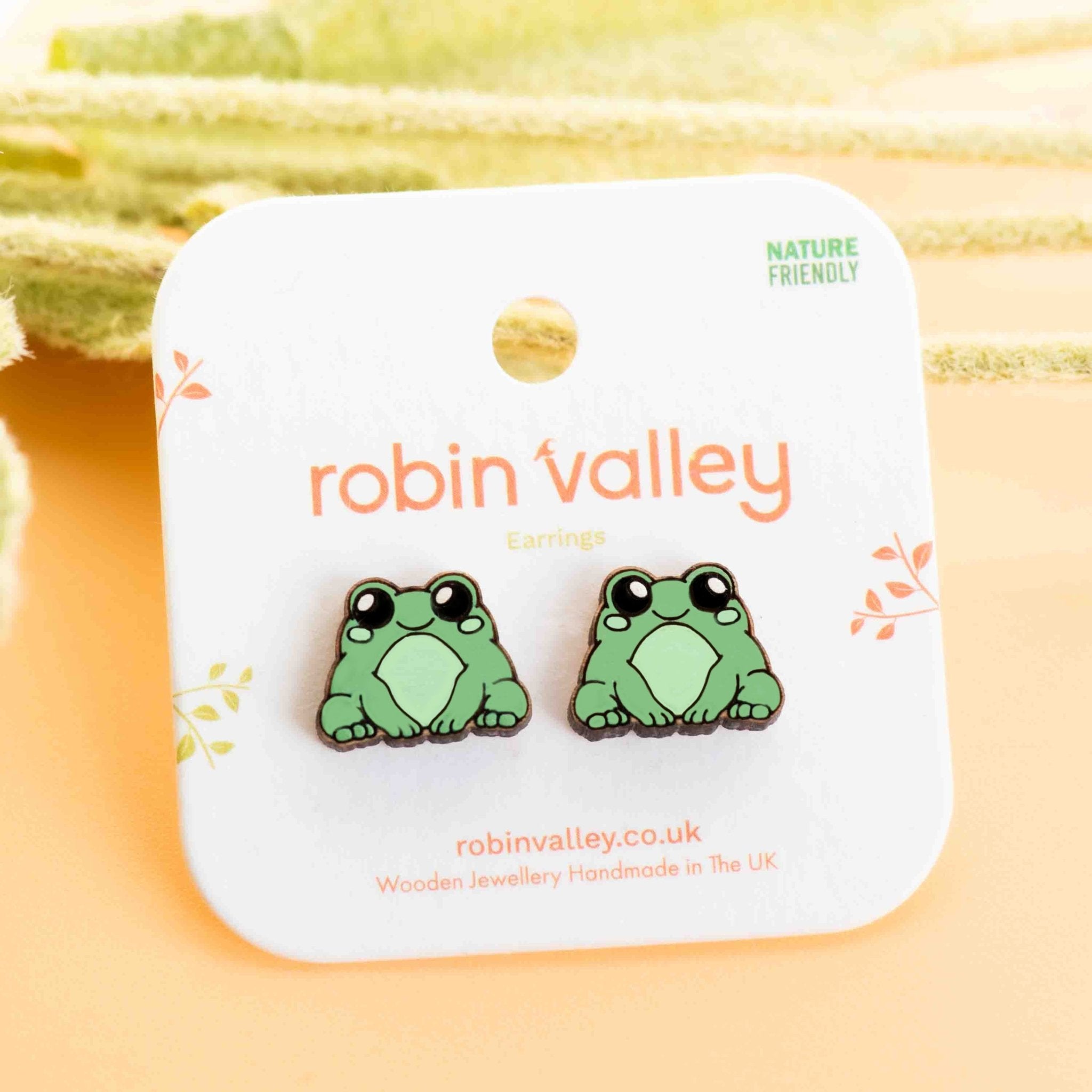Hand - painted Happy Frog Wooden Stud Earrings - PEL10279 - Robin Valley Official Store