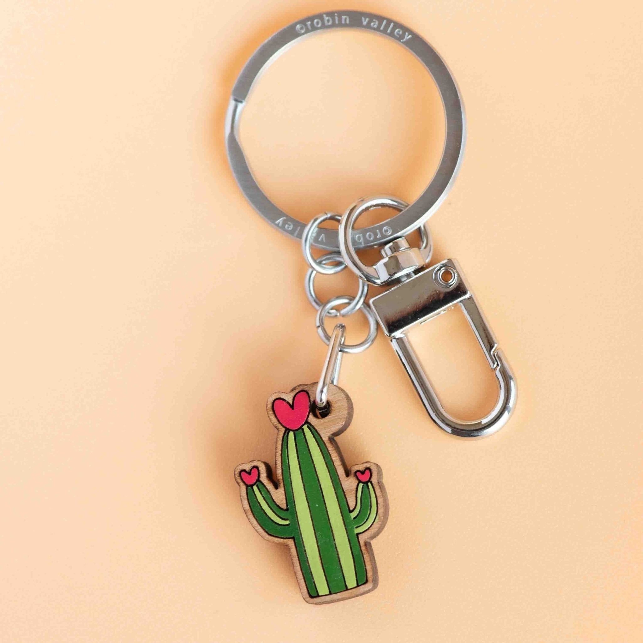 Hand - painted Heart Cactus Wooden Keyring - KO24216 - Robin Valley Official Store