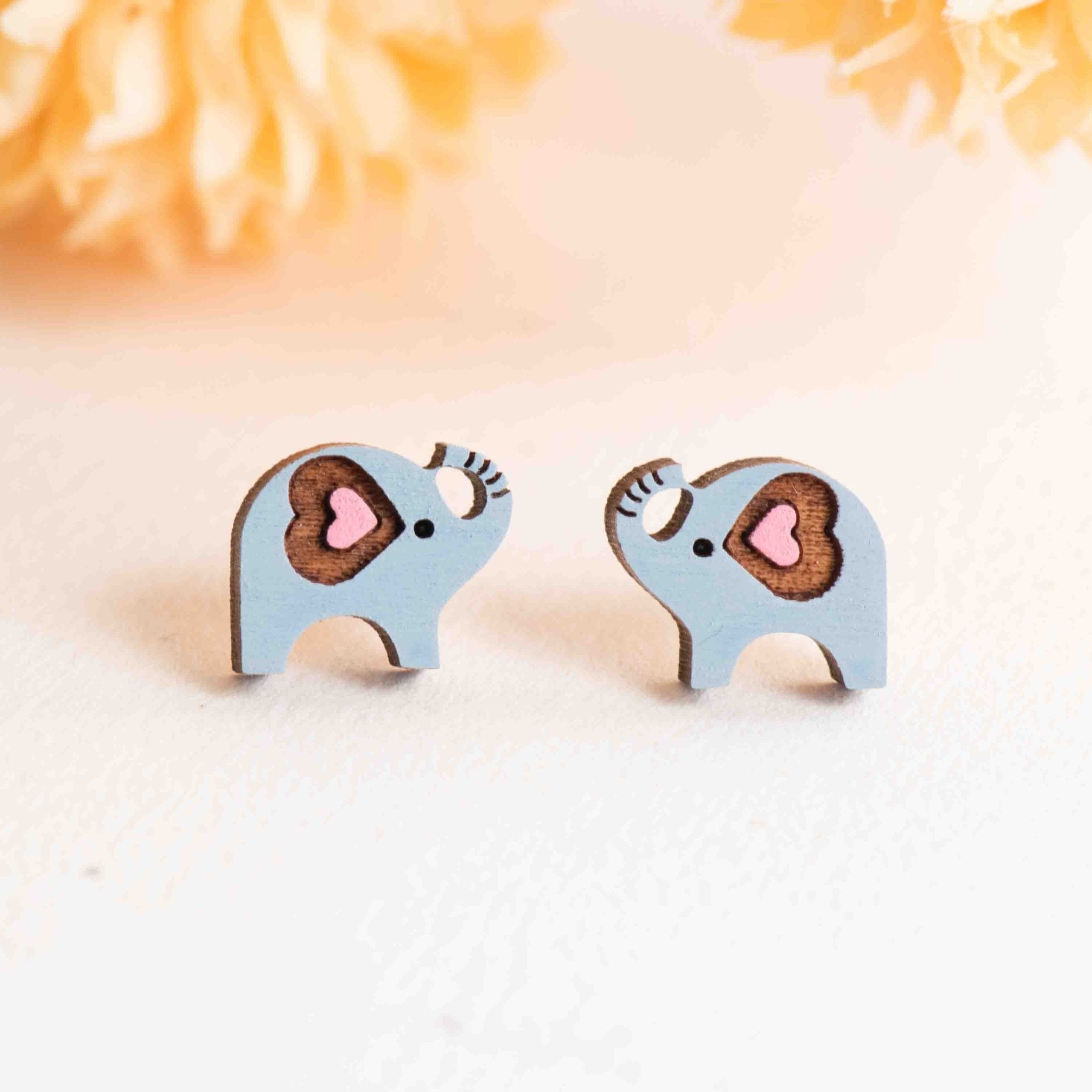 Hand - painted Heart Elephant Earrings Wooden Earrings - PEL10180 - Robin Valley Official Store