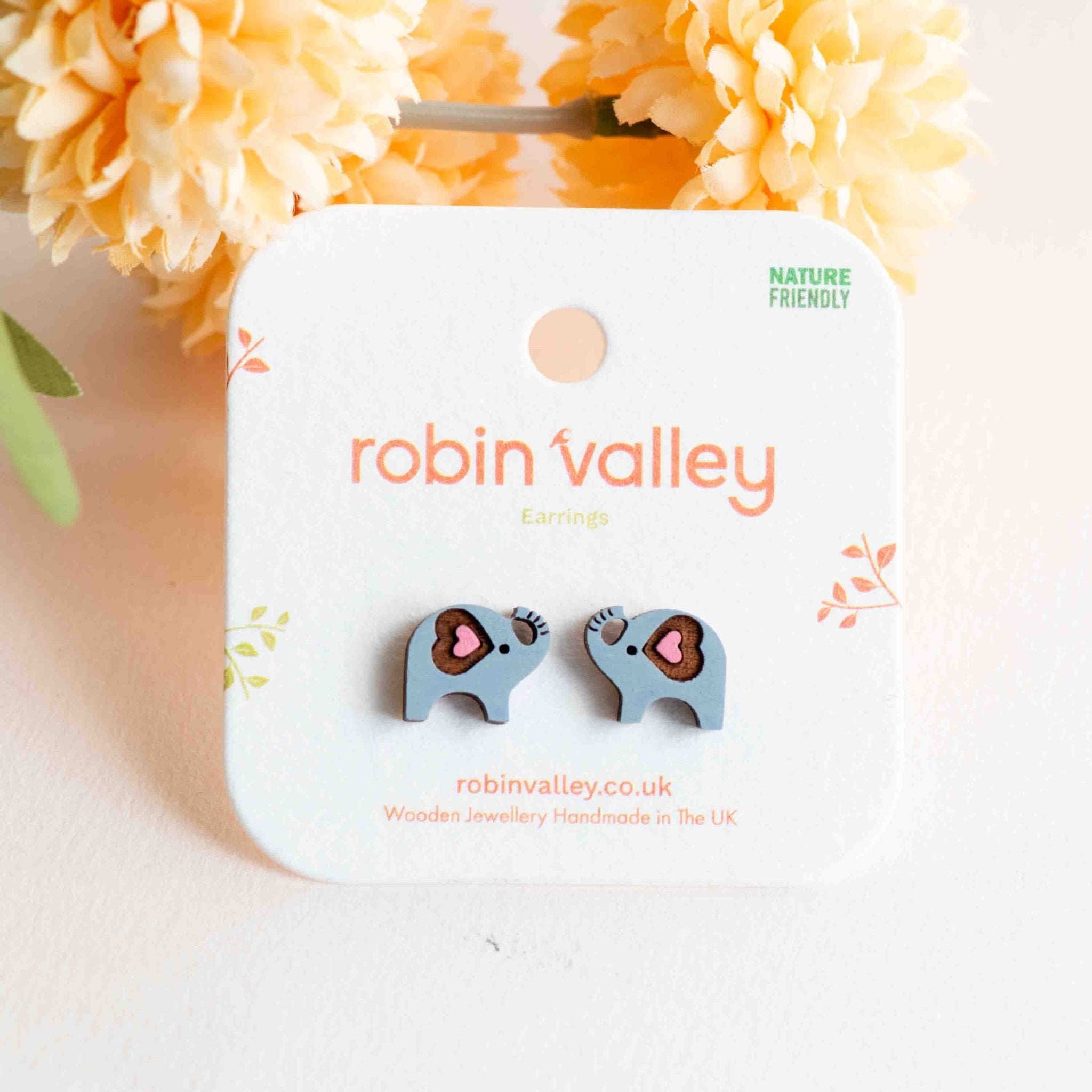 Hand - painted Heart Elephant Earrings Wooden Earrings - PEL10180 - Robin Valley Official Store
