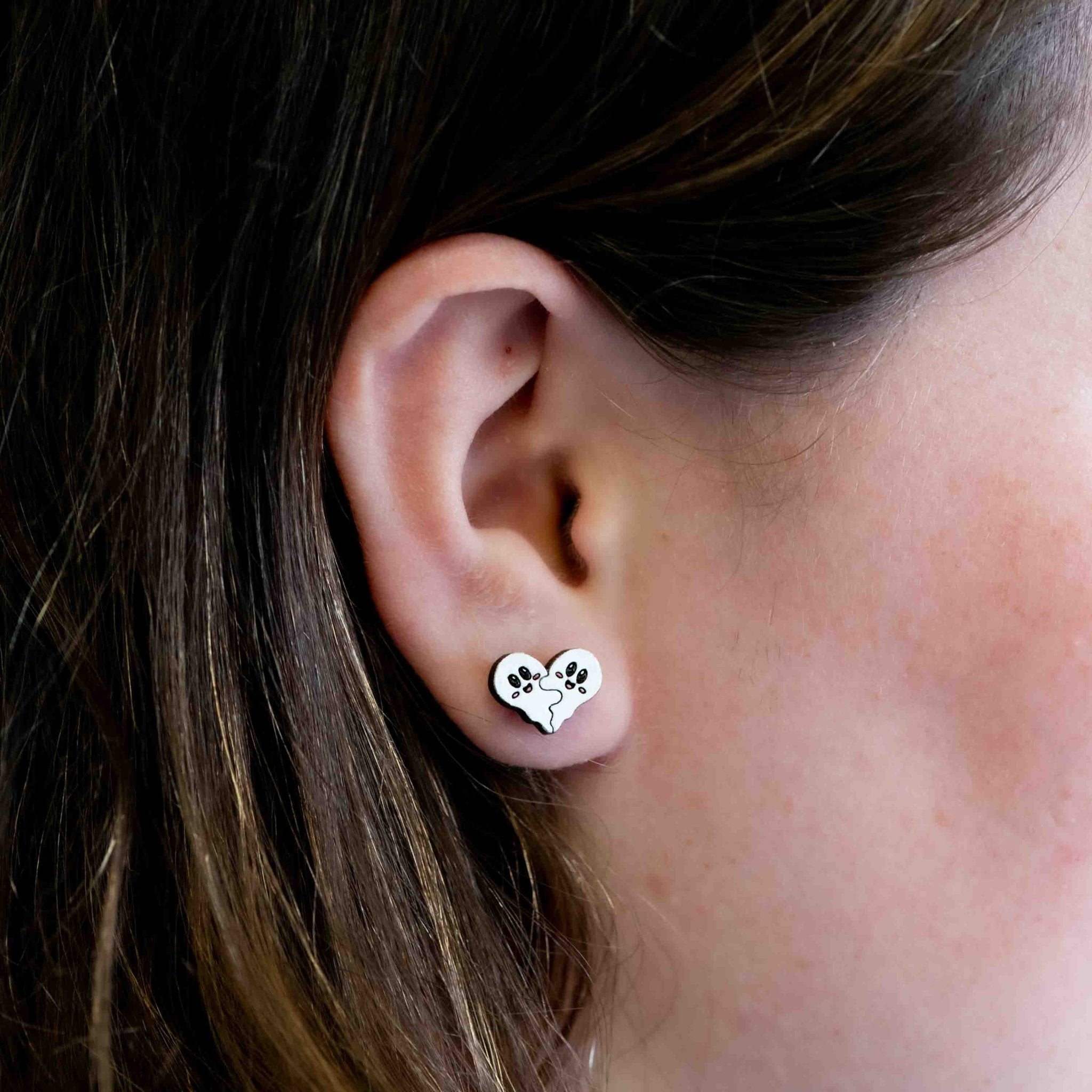 Hand - painted Heart Ghost Wooden Stud Earrings - PET15478 - Robin Valley Official Store