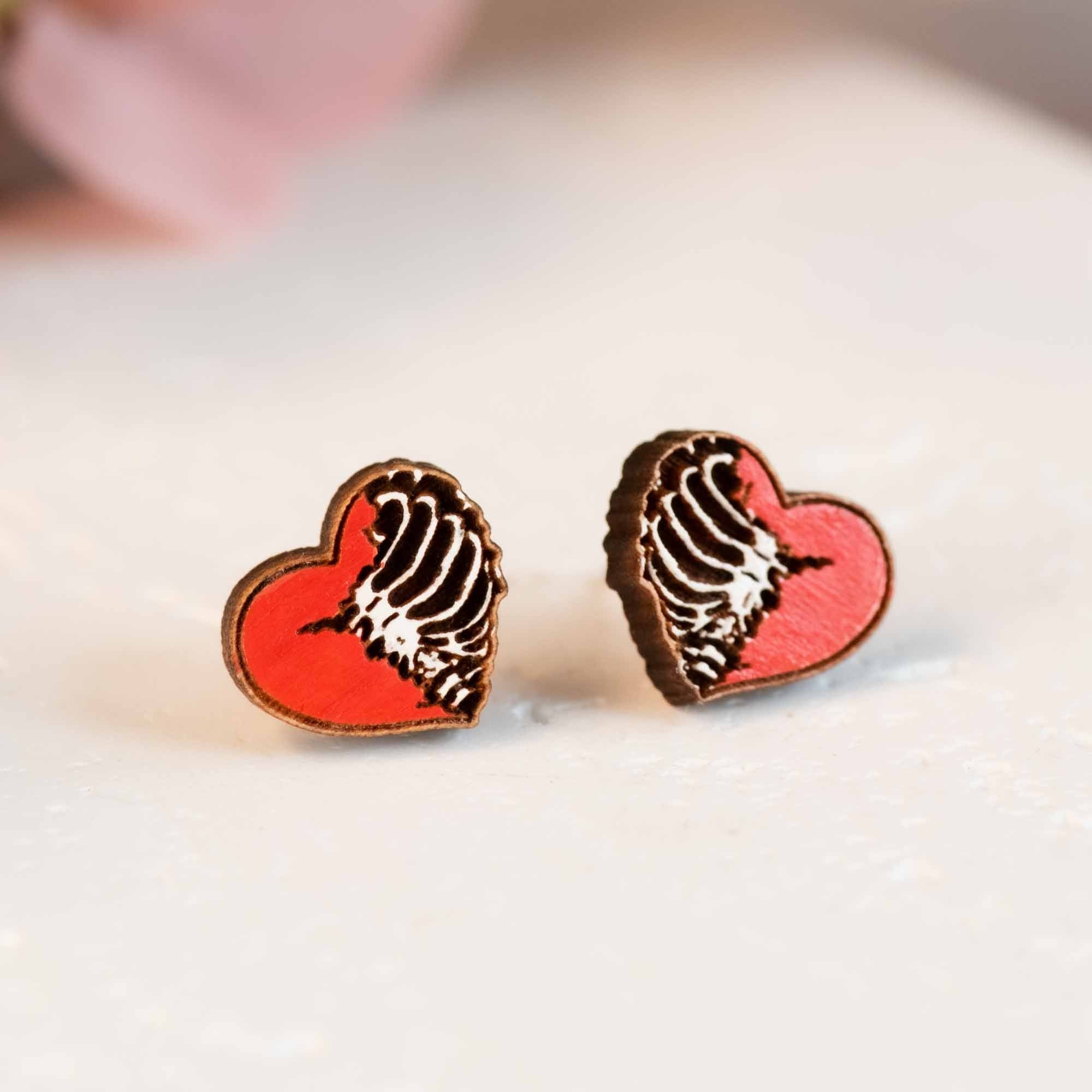 Hand - painted Heart Rib Cage Wooden Stud Earrings - PET15233 - Robin Valley Official Store