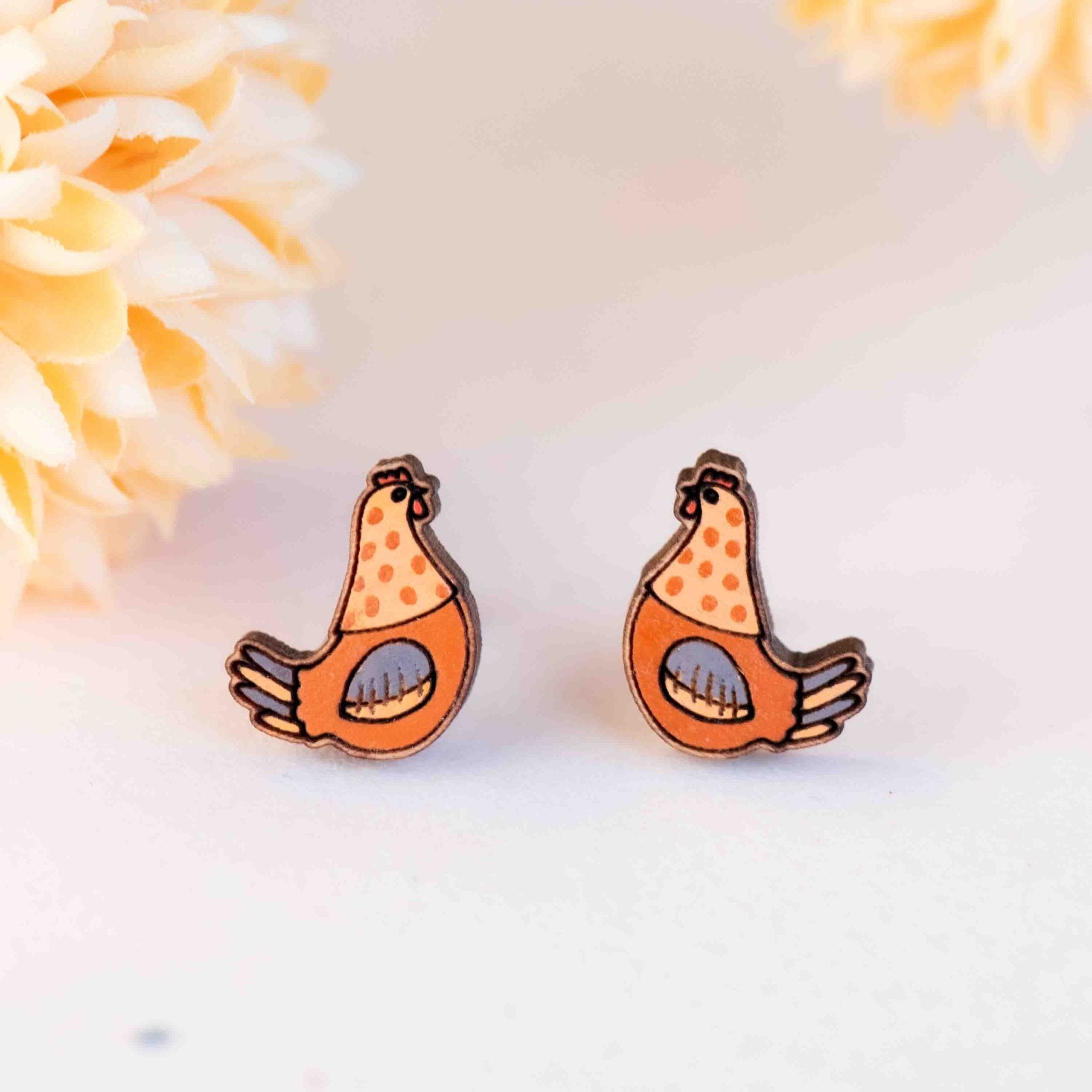 Hand - painted Hen Wooden Stud Earrings - PEB12080 - Robin Valley Official Store