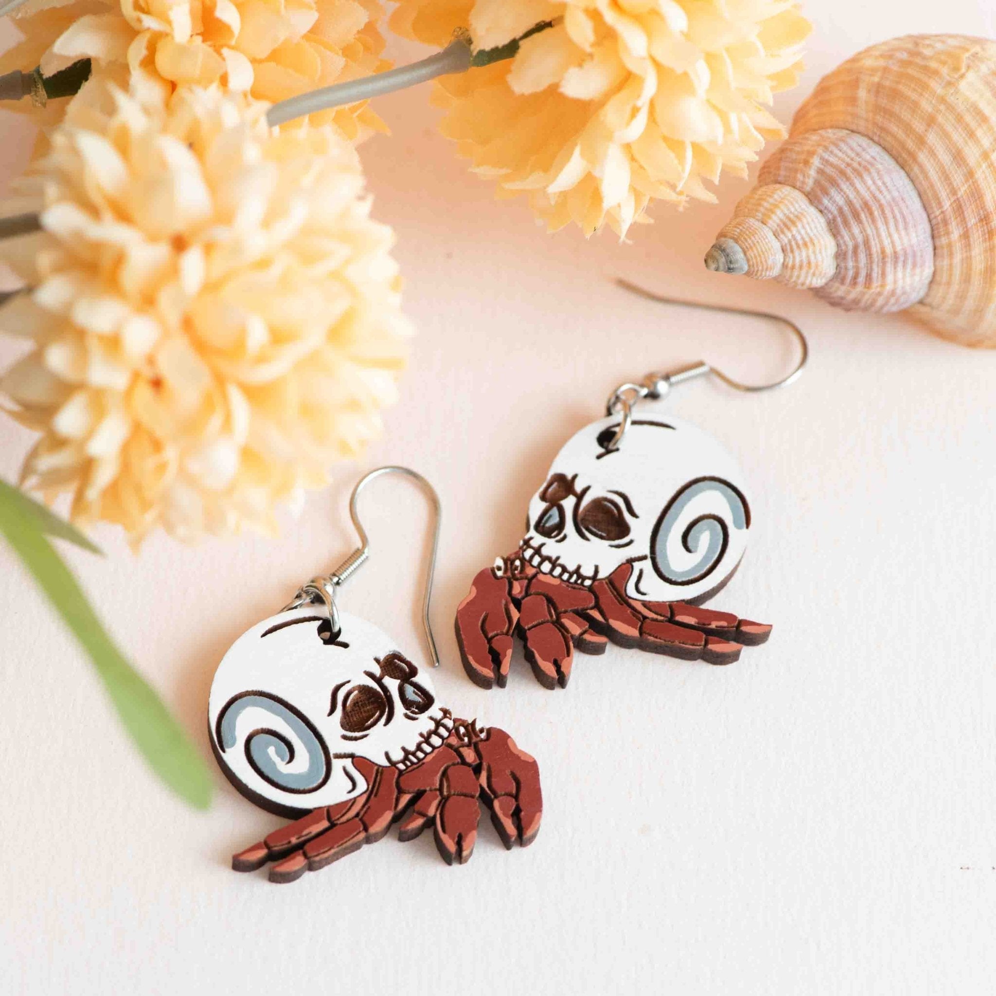 Hand - painted Hermit Crab Skull Wooden Hook Earrings - PET15487D - Robin Valley Official Store