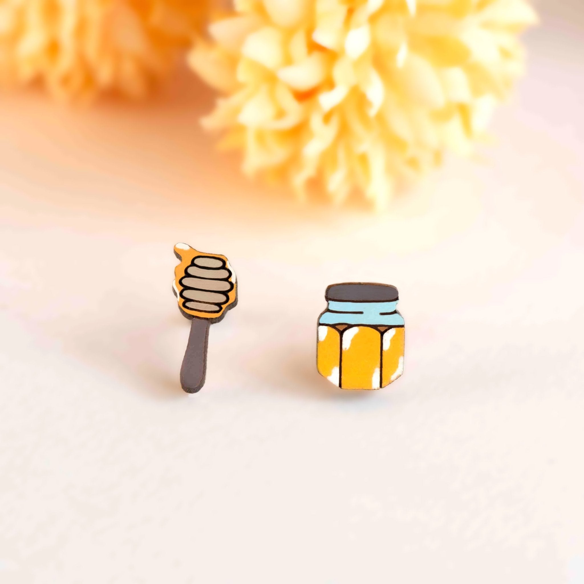 Hand - painted Honey Dipper Wooden Stud Earrings - PET15417 - Robin Valley Official Store