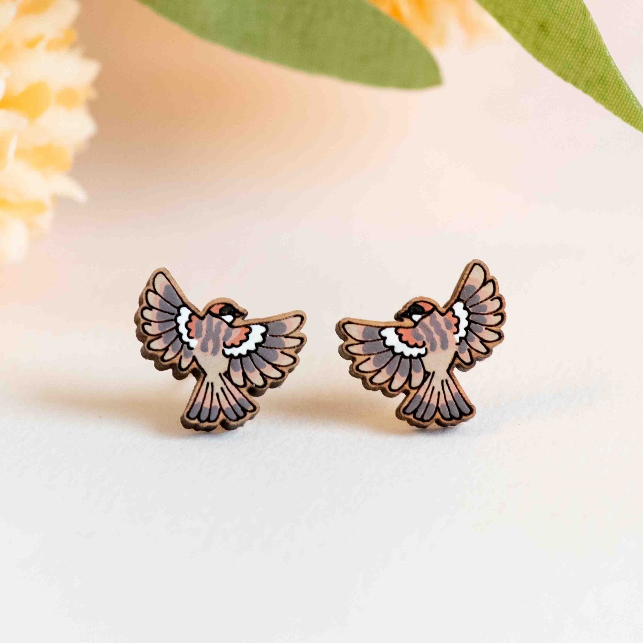 Hand - painted House Sparrow Bird Wooden Stud Earrings - PEB12117 - Robin Valley Official Store