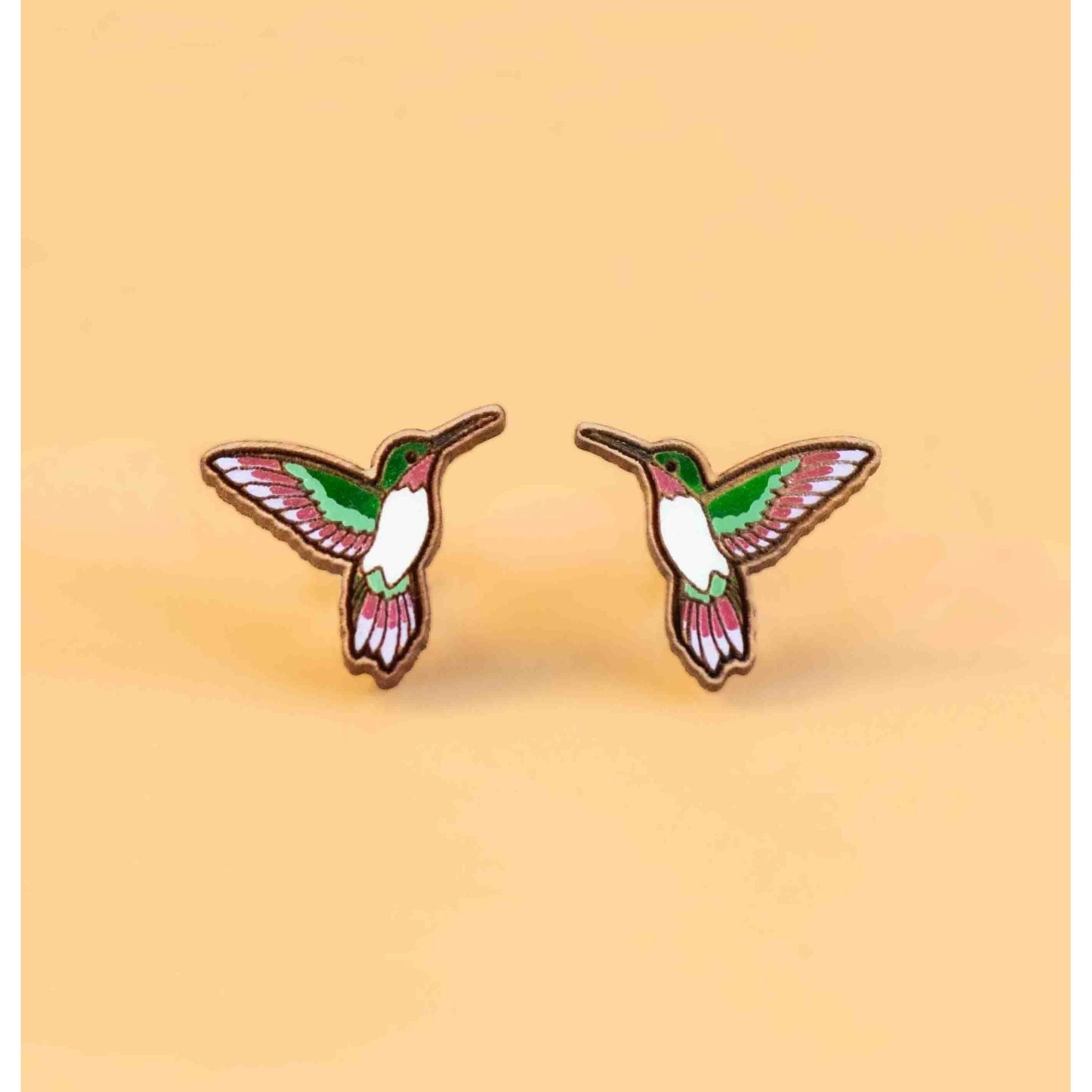 Hand - painted Humming Bird Wooden Stud Earrings - PEB12074 - Robin Valley Official Store
