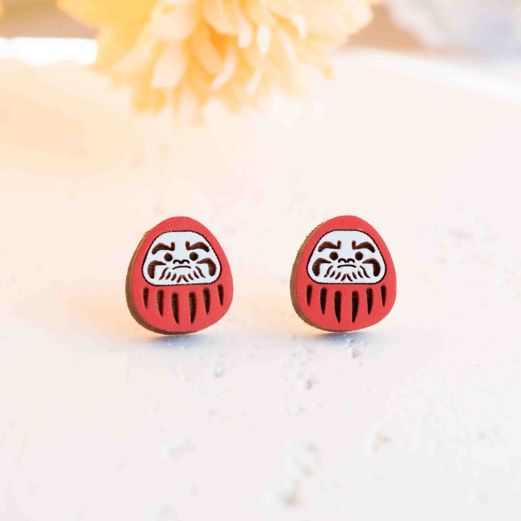 Hand - painted Japanese Daruma doll Wooden Stud Earrings - PET15459 - Robin Valley Official Store