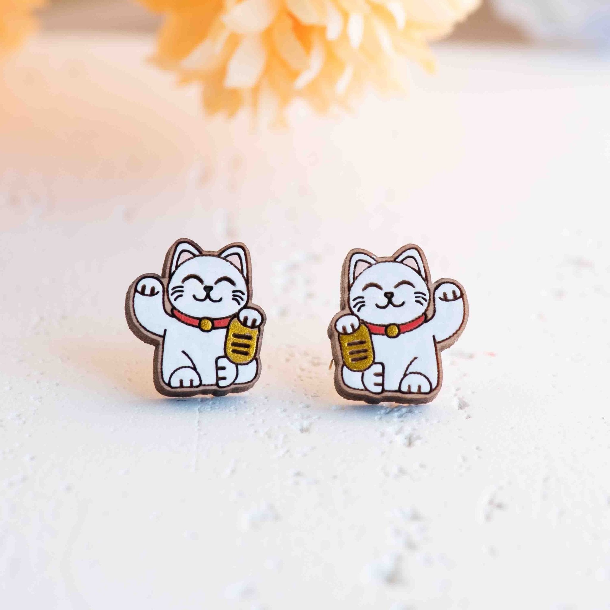 Hand - painted Japanese Lucky Cat Wooden Stud Earrings - PEO14236 - Robin Valley Official Store