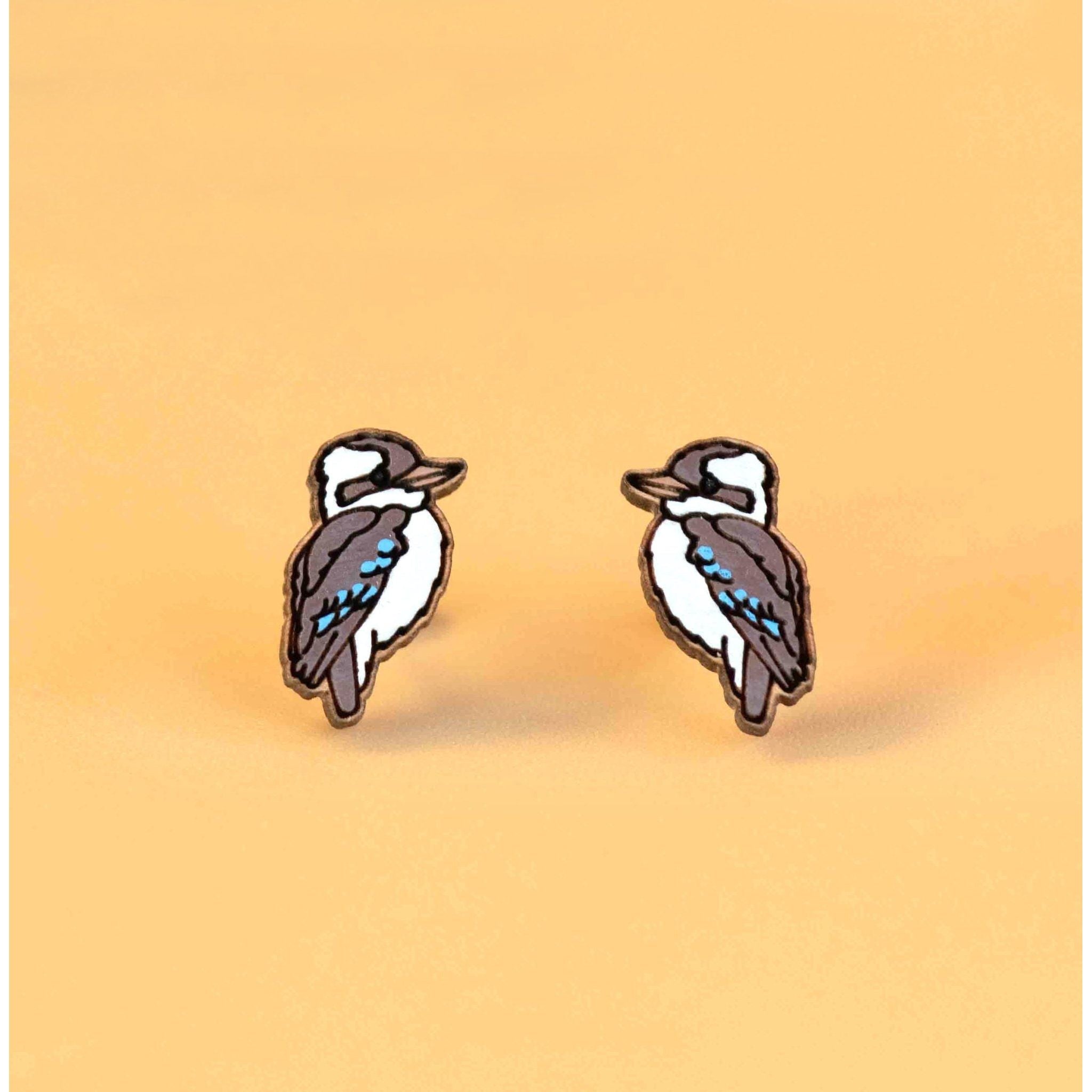 Hand - painted Kookaburra Bird Wooden Stud Earrings - PEB12077 - Robin Valley Official Store