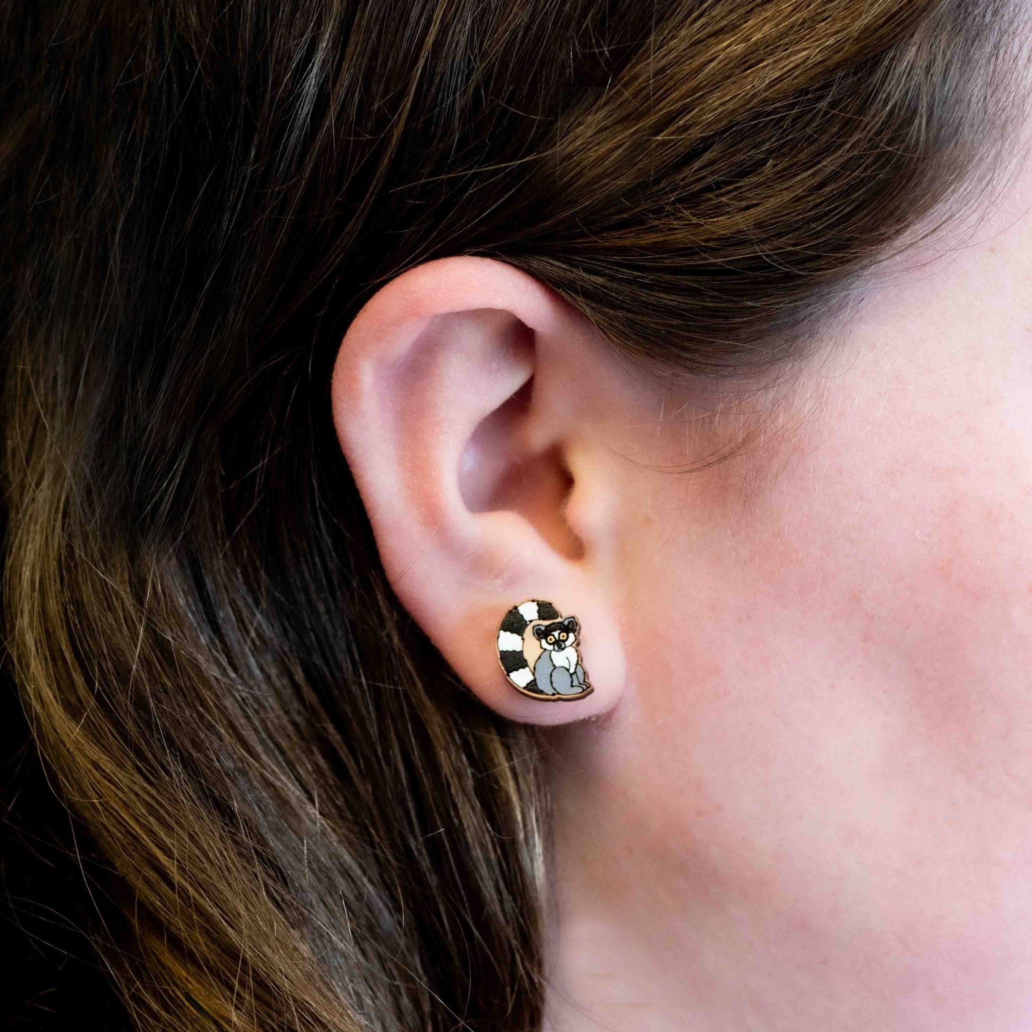 Hand - painted Lemur Earrings Wooden Studs Eco - jewellery - PEL10170 - Robin Valley Official Store