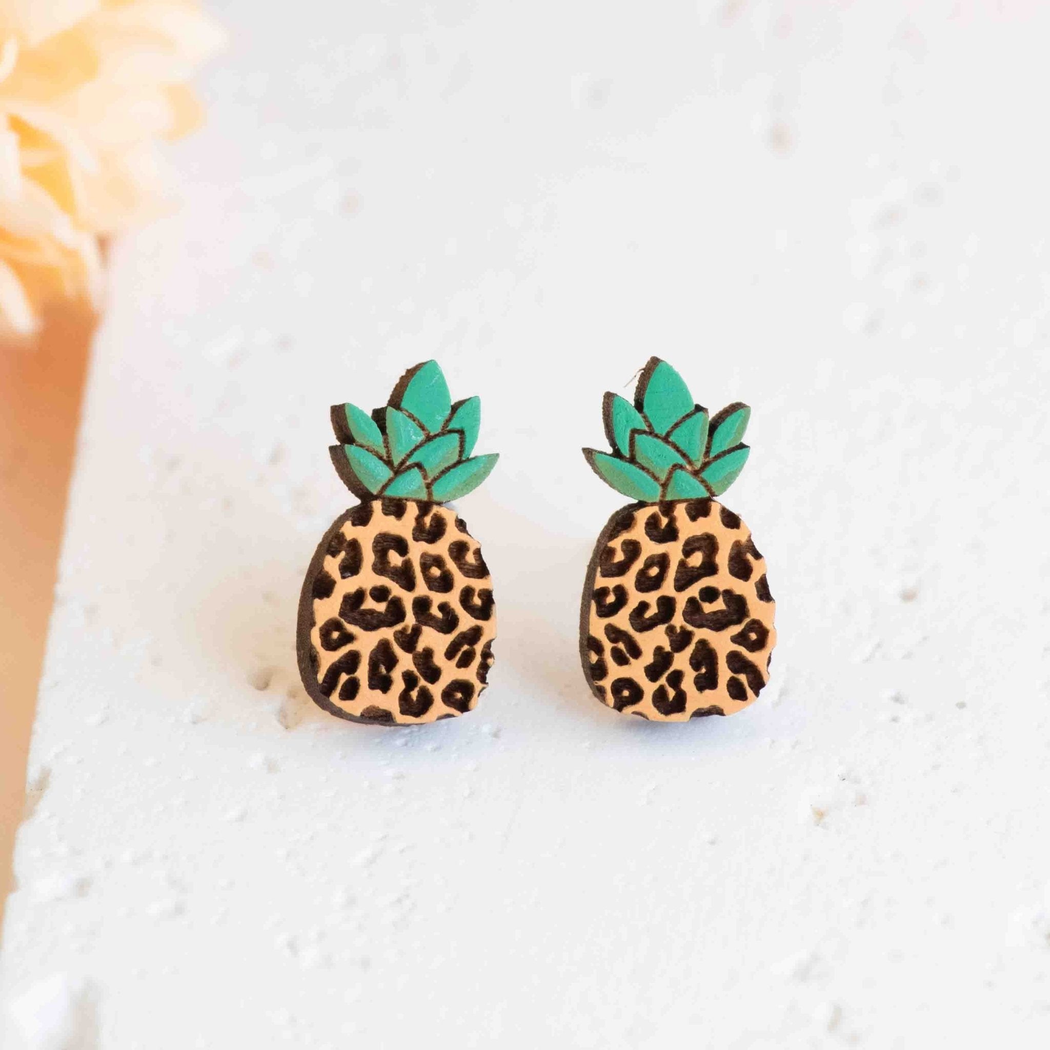Hand - painted Leopard Pineapple Wooden Stud Earrings - PEO14235 - Robin Valley Official Store