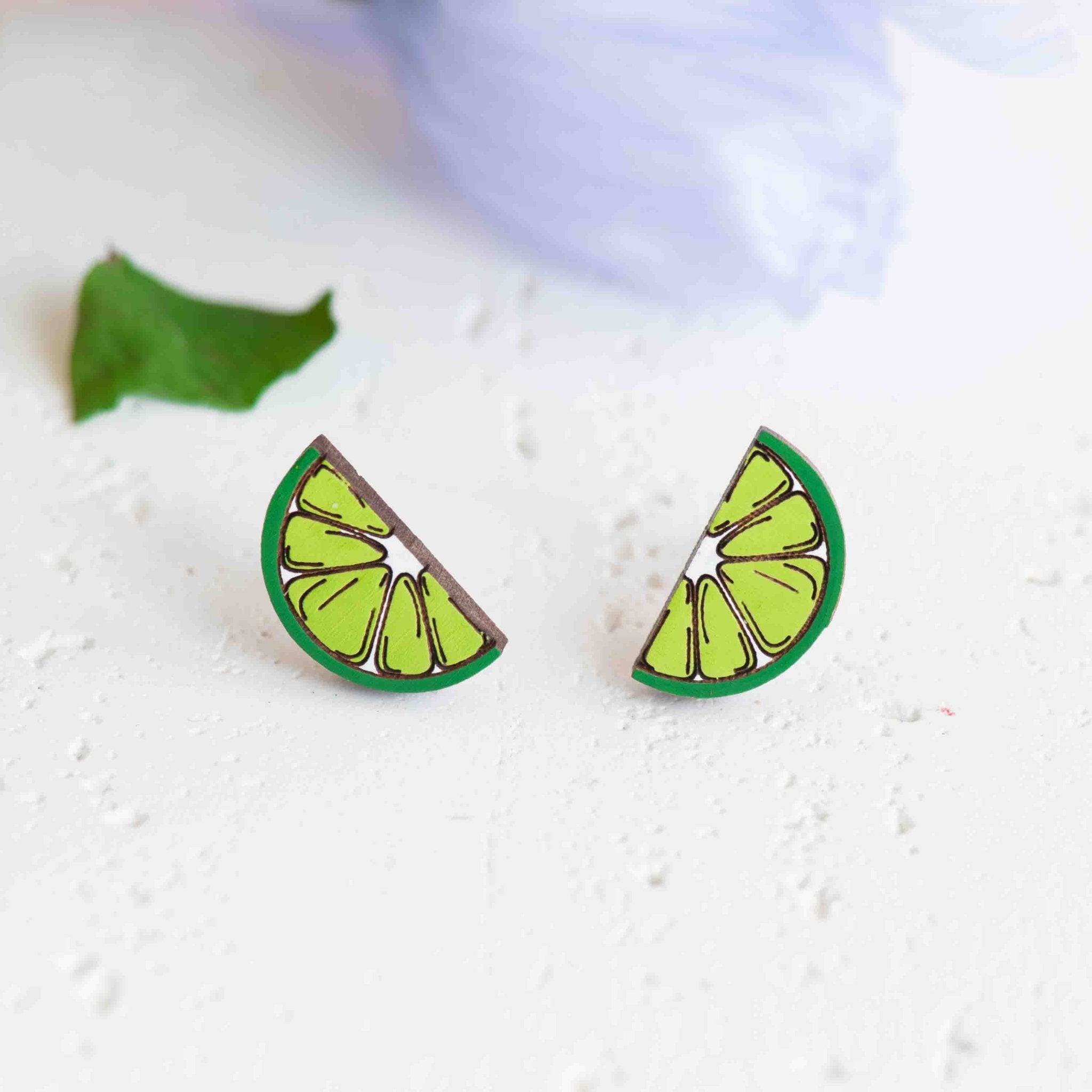 Hand - painted Lime Wooden Stud Earrings - PET15166 - Robin Valley Official Store