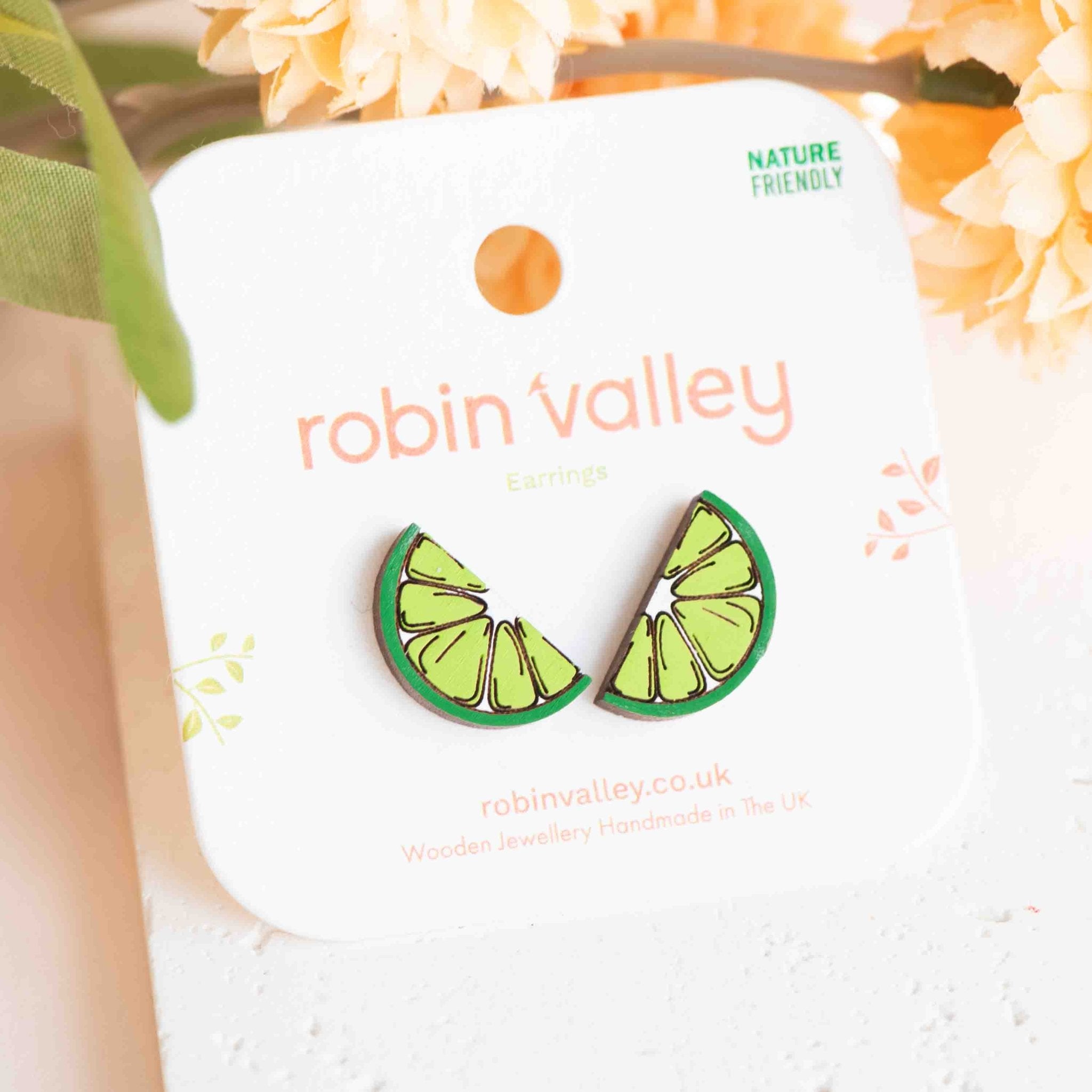 Hand - painted Lime Wooden Stud Earrings - PET15166 - Robin Valley Official Store