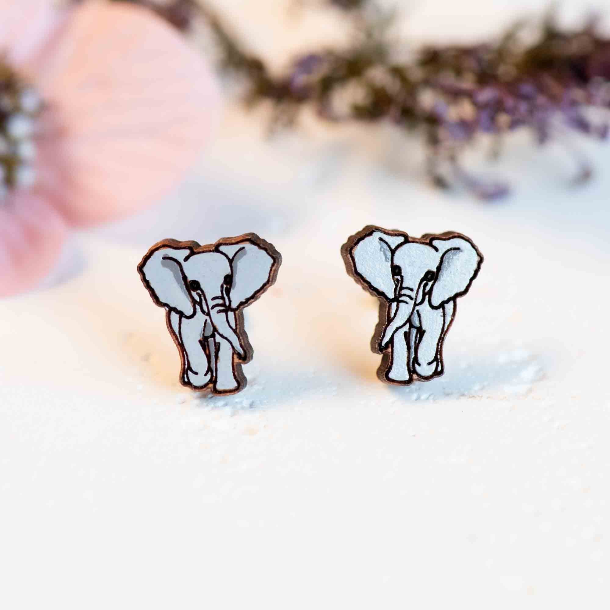 Hand - painted Little Walking Elephant Wooden Stud Earrings - PEL10280 - Robin Valley Official Store