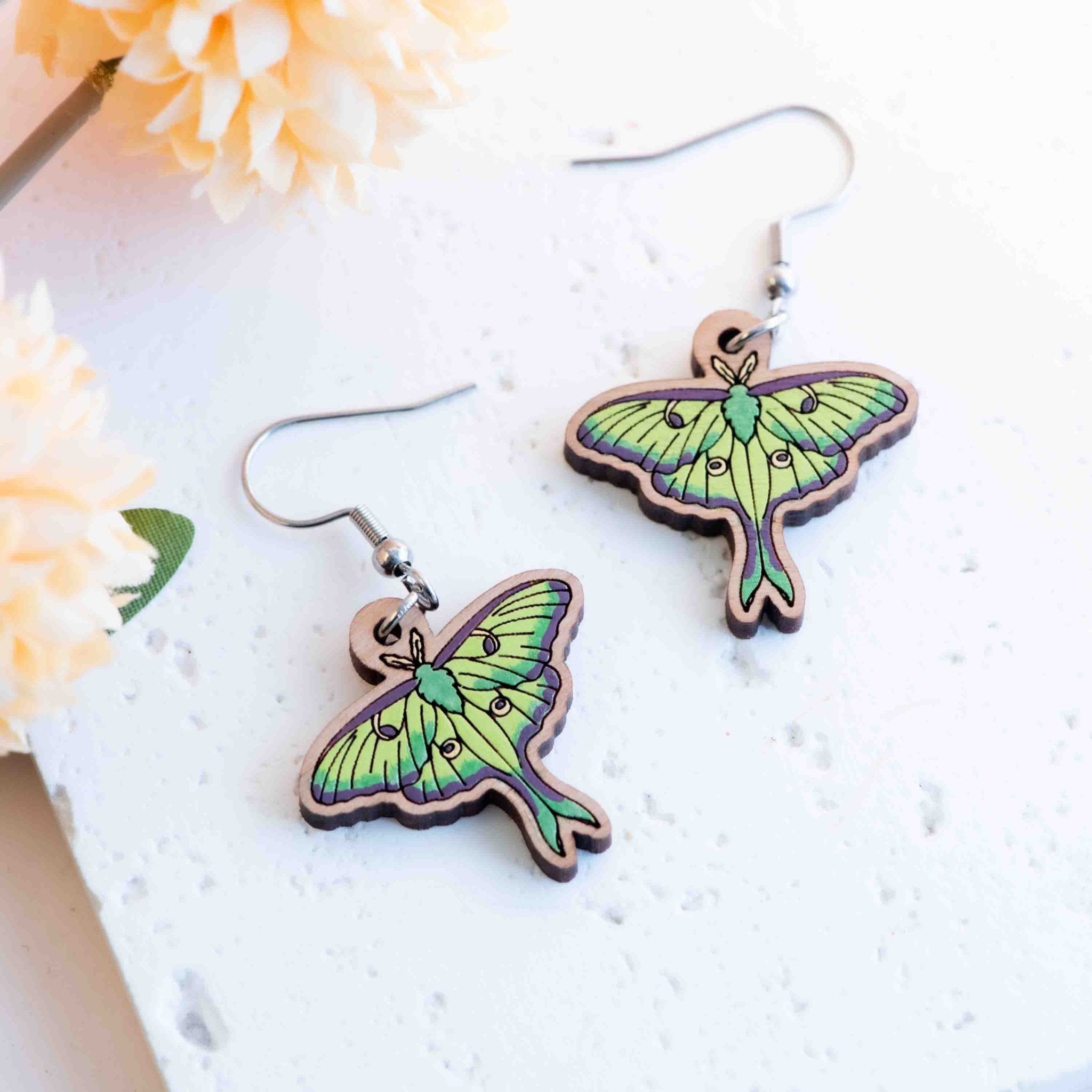 Hand - painted Luna Moth Hook Earrings - PEO14232D - Robin Valley Official Store