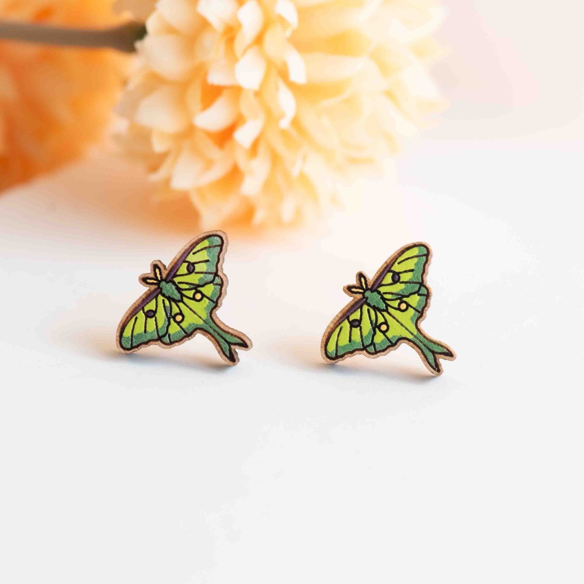 Hand - painted Luna Moth Wooden Stud Earrings - PEO14232 - Robin Valley Official Store