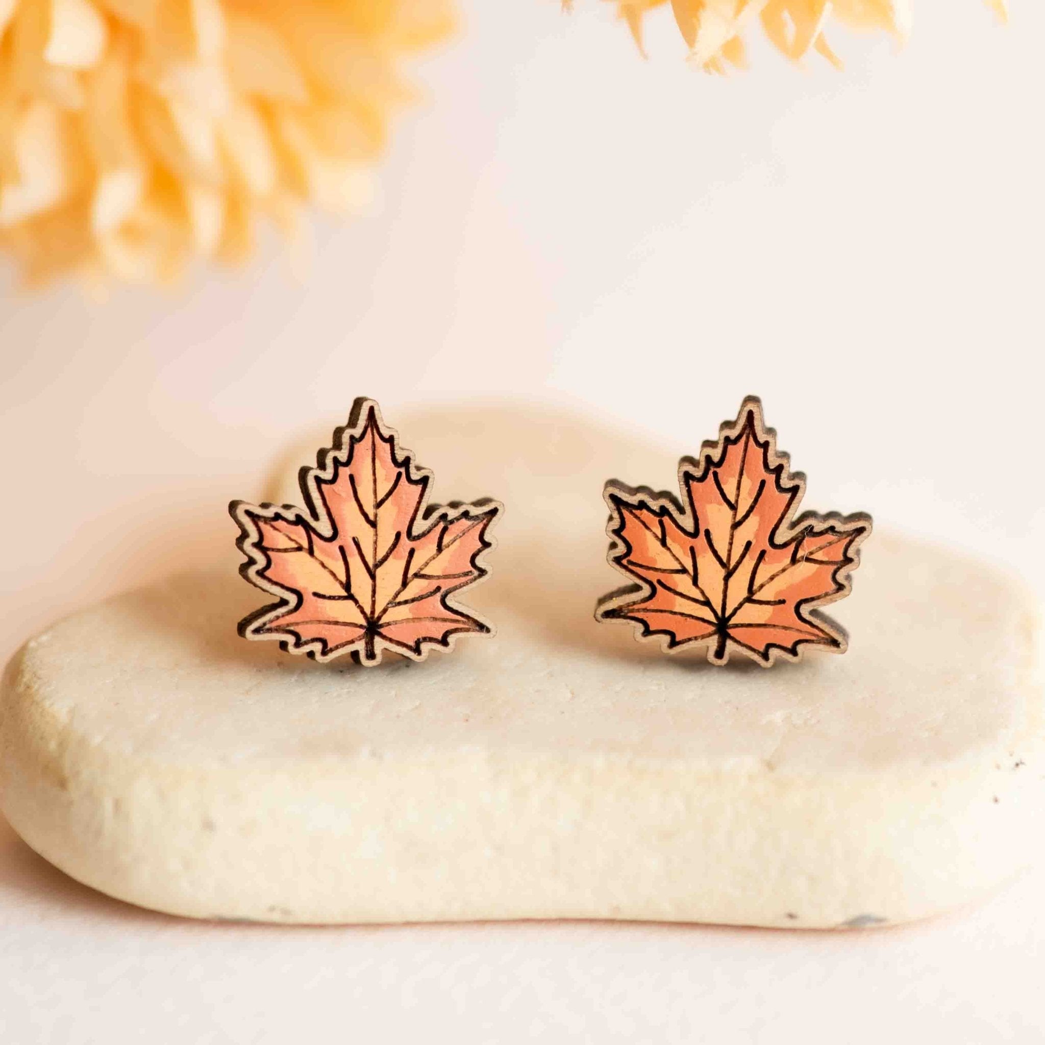 Hand - painted Maple Leaf Wooden Stud Earrings - PEO14095 - Robin Valley Official Store