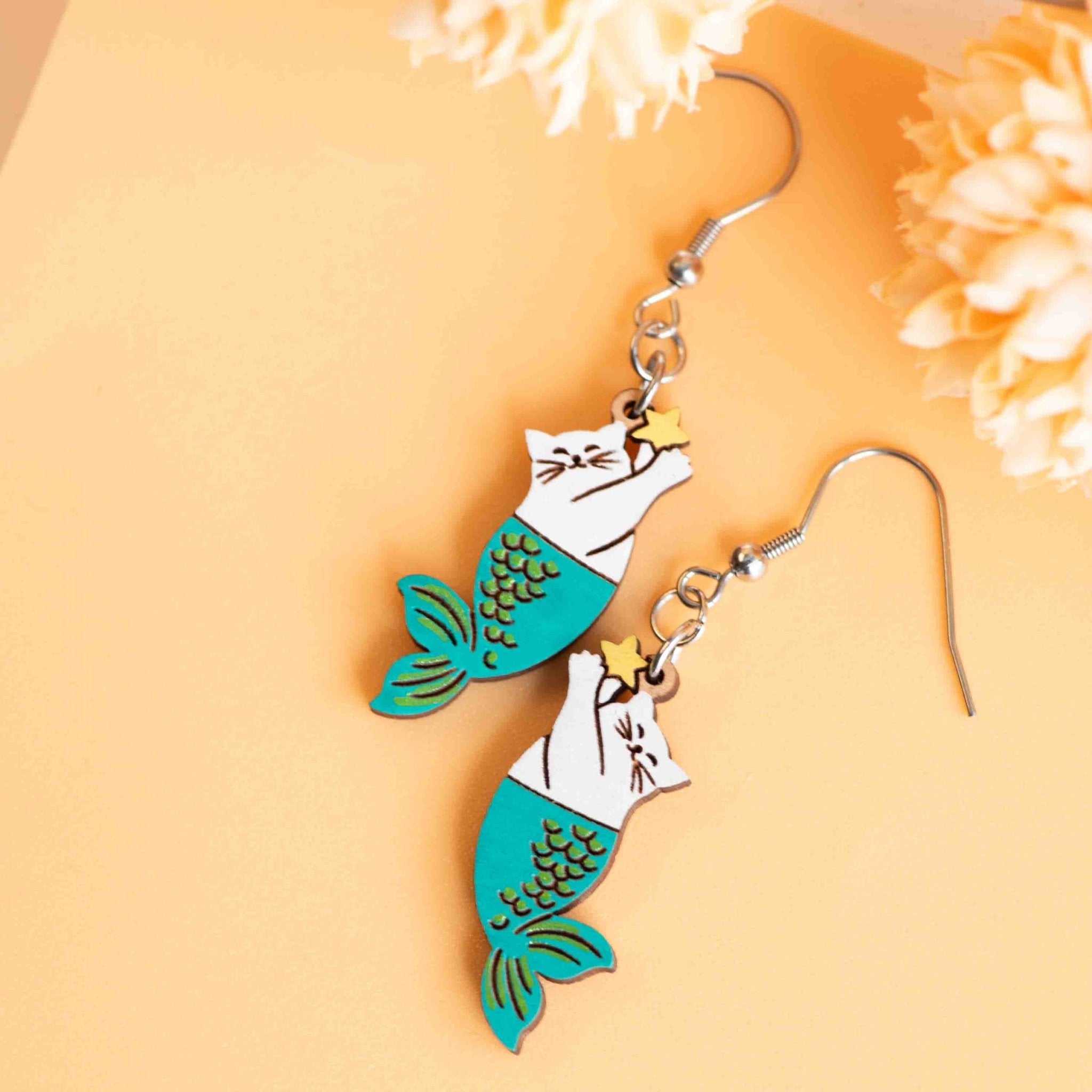 Hand - painted Mermaid Cat With Star Hook Earrings - PEO14089D - Robin Valley Official Store
