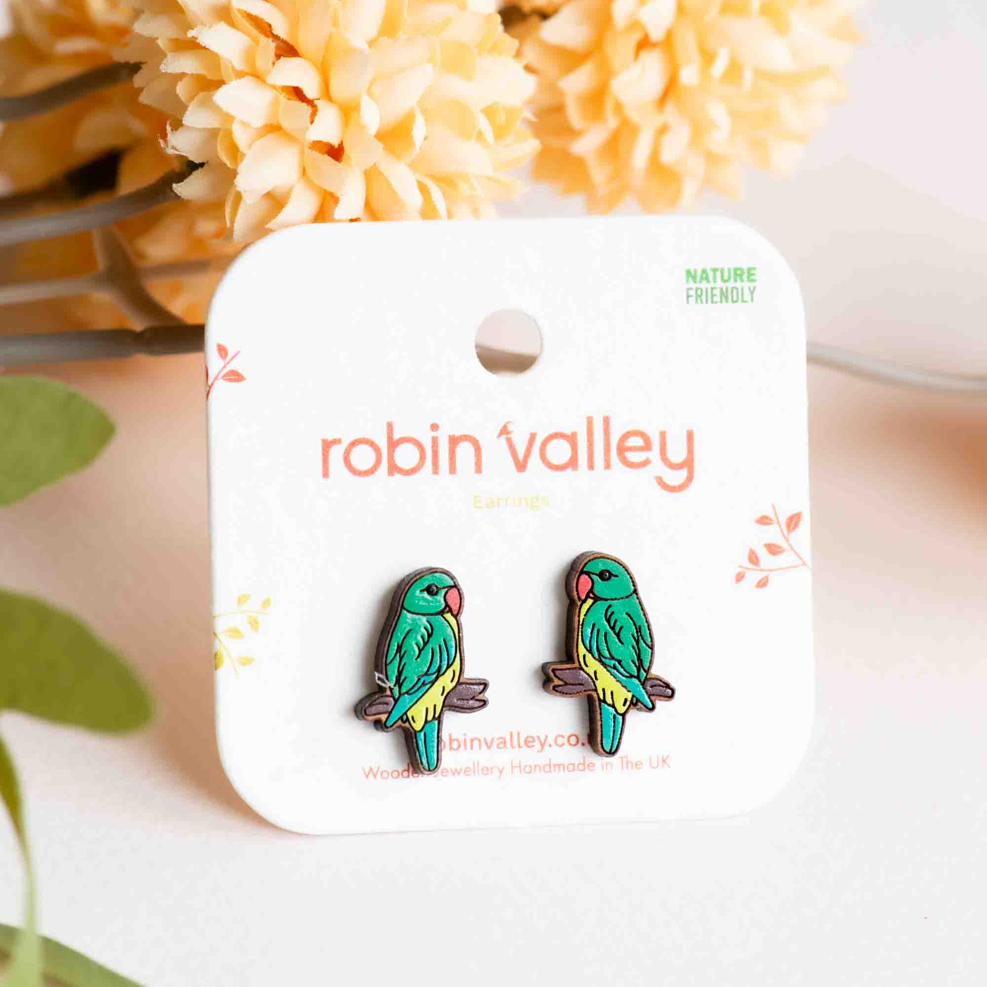 Hand - painted Moluccan Eclectus Parrot Wooden Stud Earrings - PEO14153 - Robin Valley Official Store