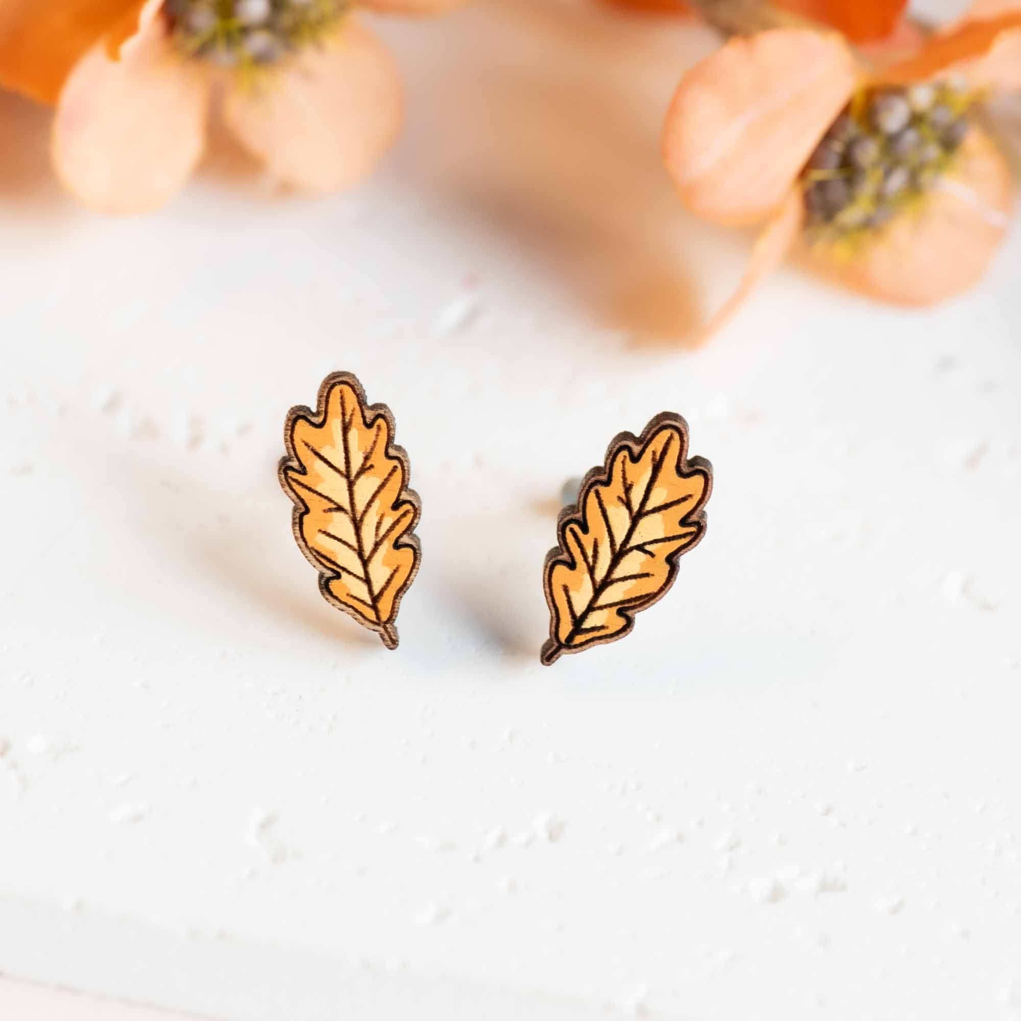 Hand - painted Oak Leaves Wooden Stud Earrings - PET15477 - Robin Valley Official Store