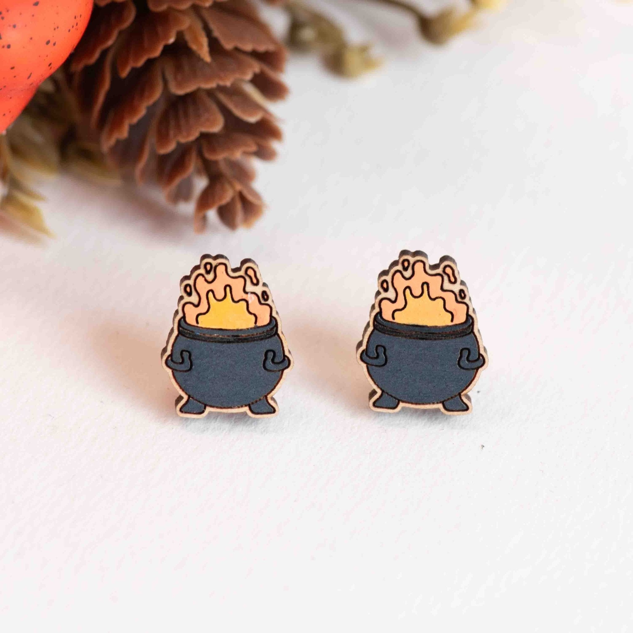 Hand - painted Orange Cauldron Wooden Stud Earrings - PET15002 - Robin Valley Official Store