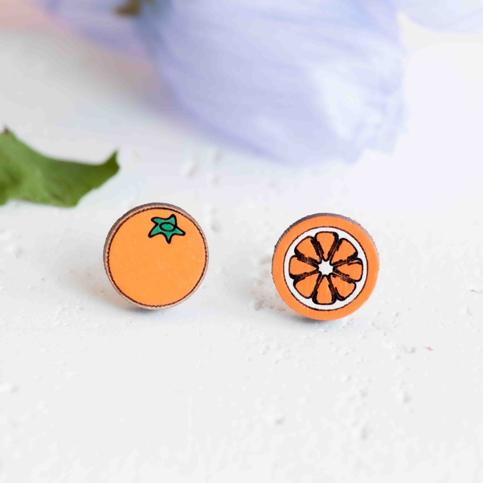 Hand - painted Orange Wooden Stud Earrings - PEO14142 - Robin Valley Official Store