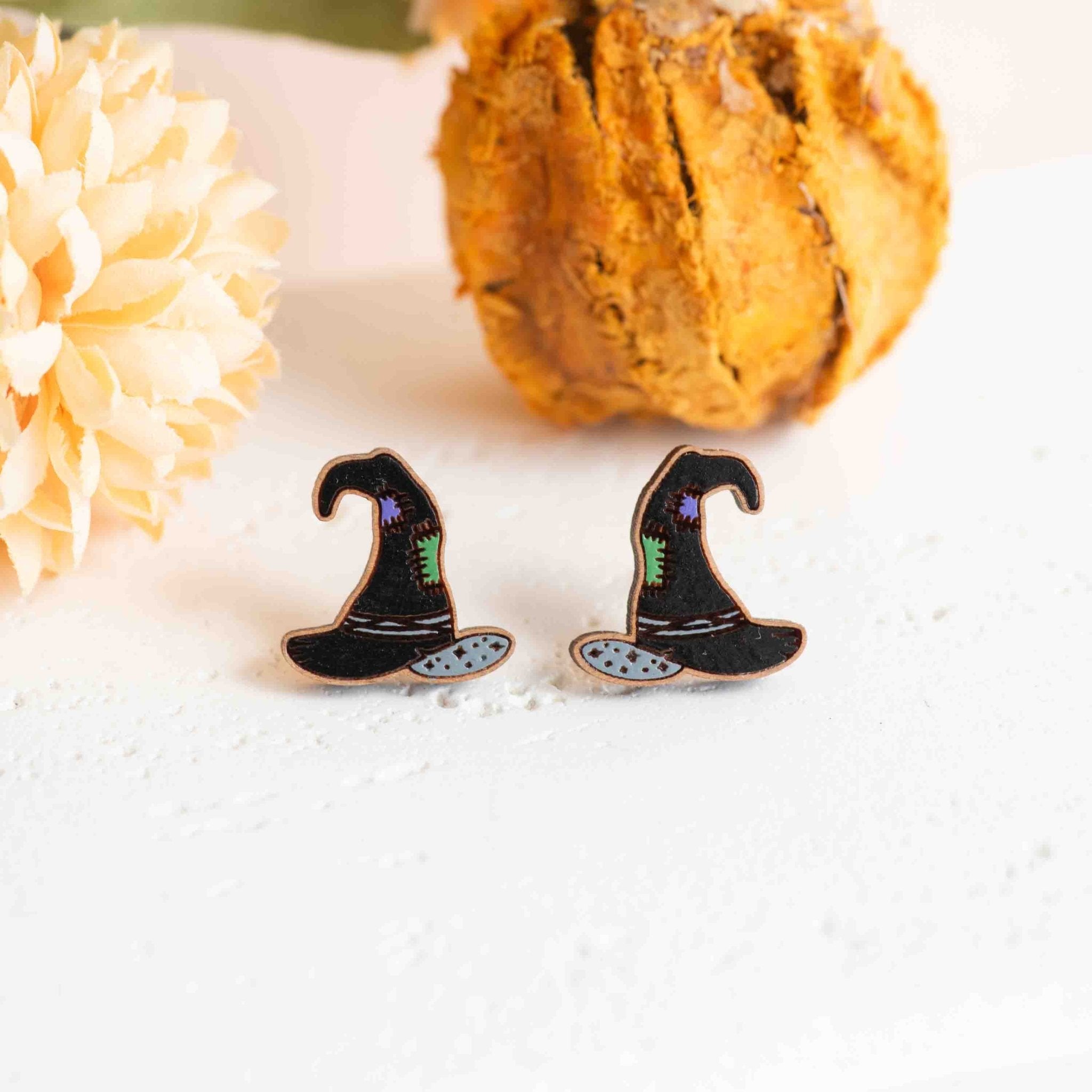 Hand - painted Patched Witch Hat Wooden Stud Earrings - PET15485 - Robin Valley Official Store
