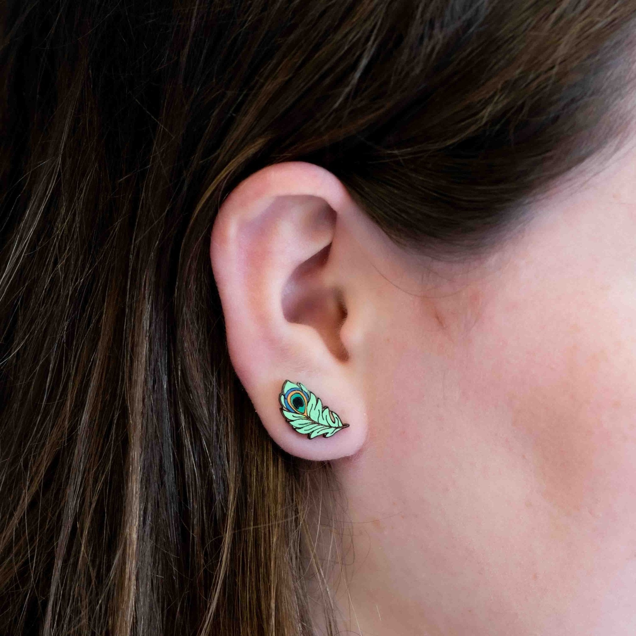Hand - painted Peacock Feather Earrings Wooden Jewellery - PET15173 - Robin Valley Official Store
