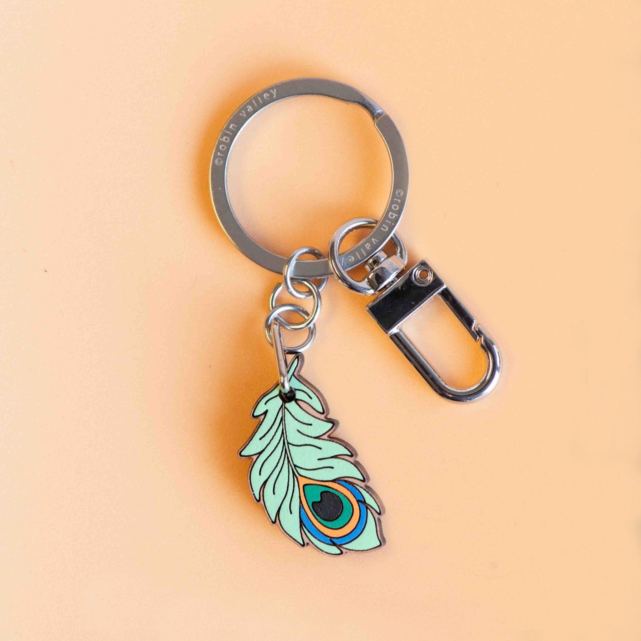 Hand - painted Peacock Feather Wooden Keyring - KT25173 - Robin Valley Official Store
