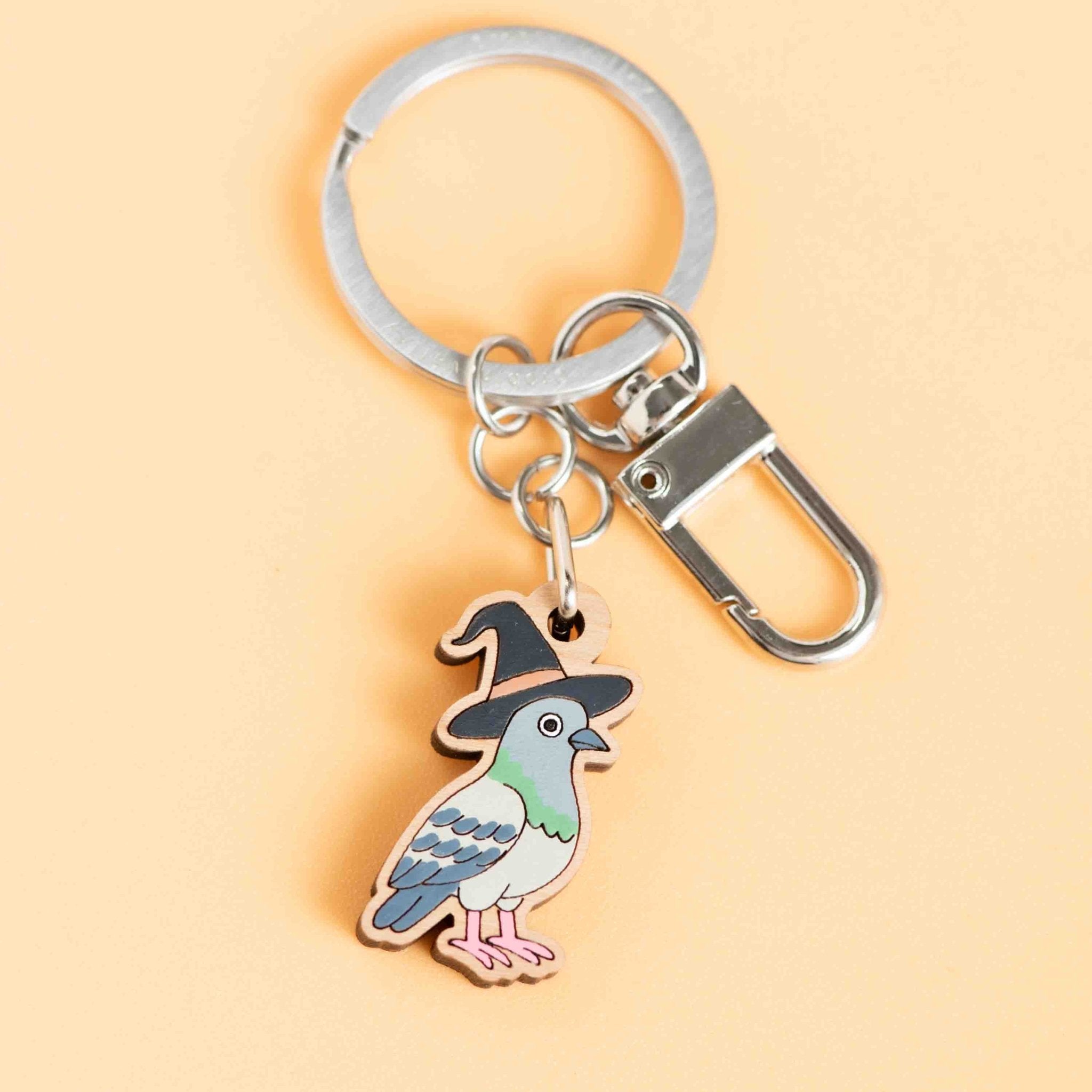 Hand - painted Pigeon in Witch Hat Wooden Keyring - KB22121 - Robin Valley Official Store