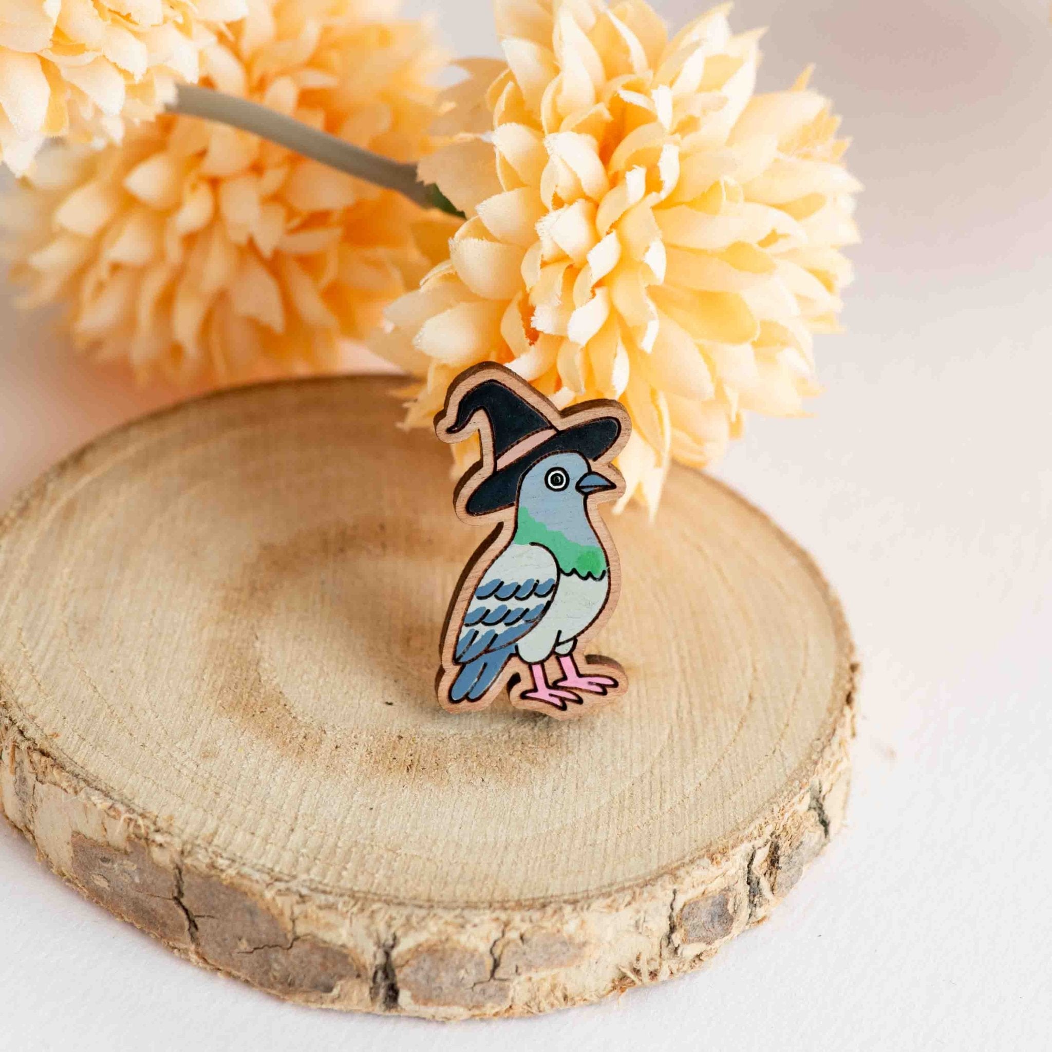 Hand - painted Pigeon Witch Wooden Pin Badge - PB42121 - Robin Valley Official Store