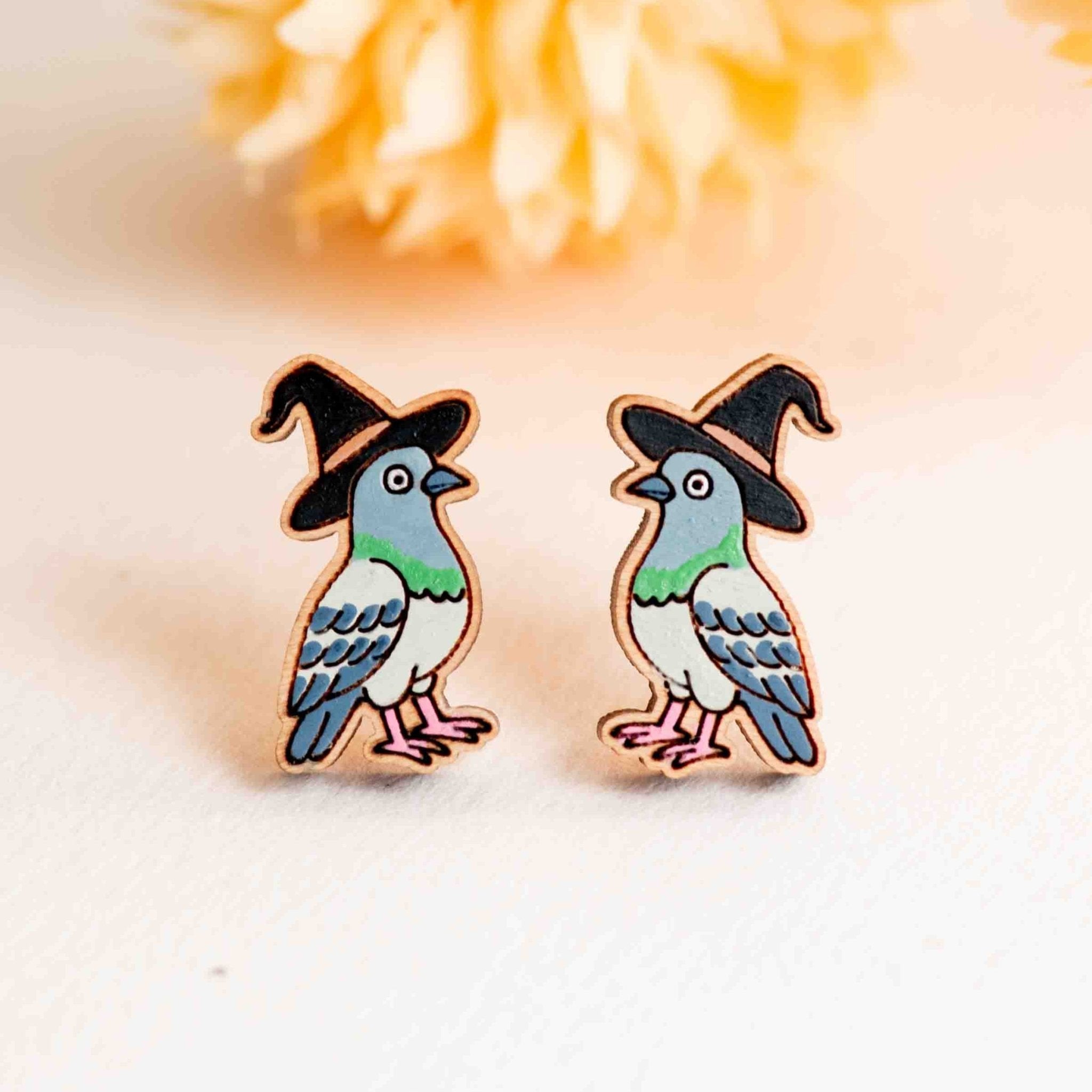 Hand - painted Pigeon with Witch Hat Wooden Stud Earrings - PEB12121 - Robin Valley Official Store